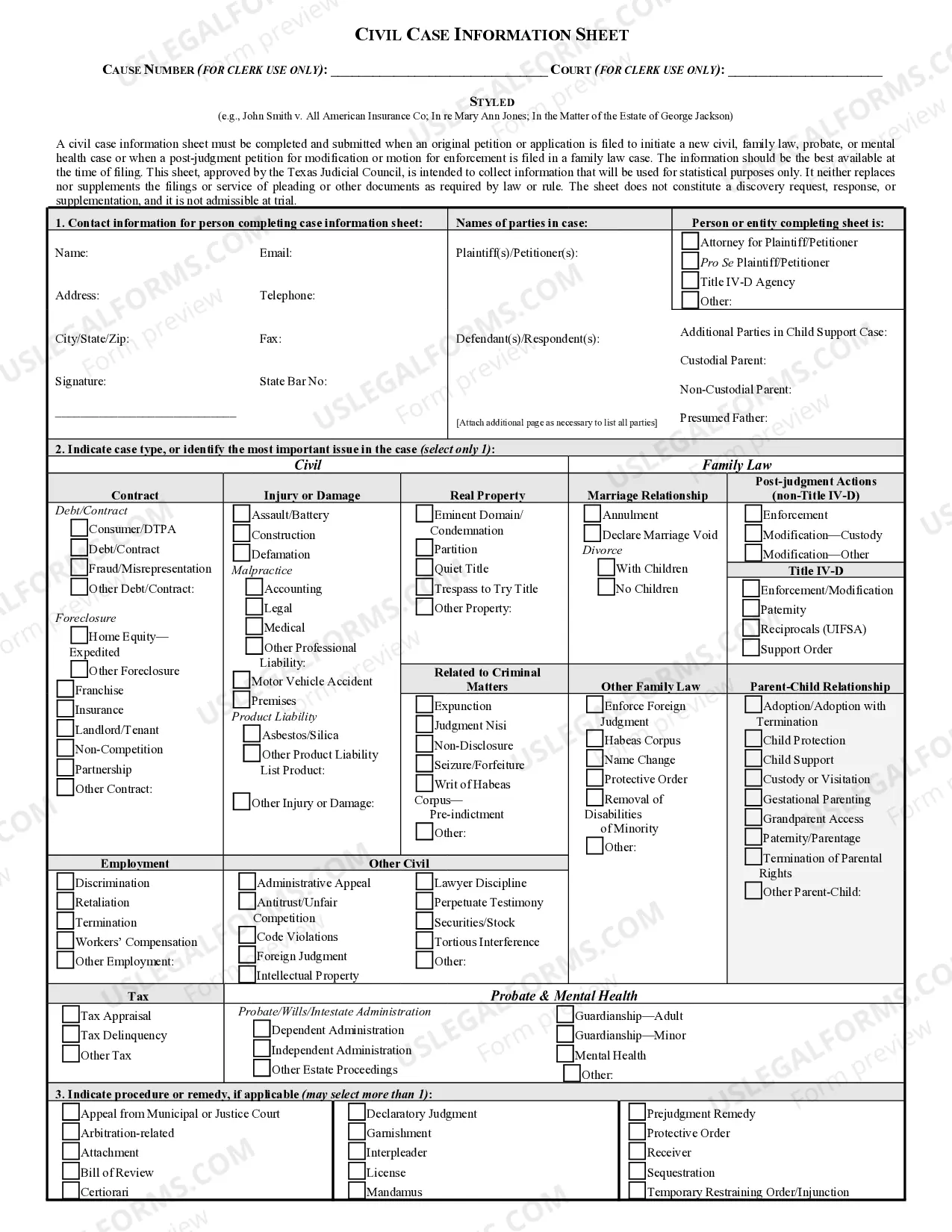 Preview Civil Case Information Sheet - Texas Rule of Civ. Proc. 78a