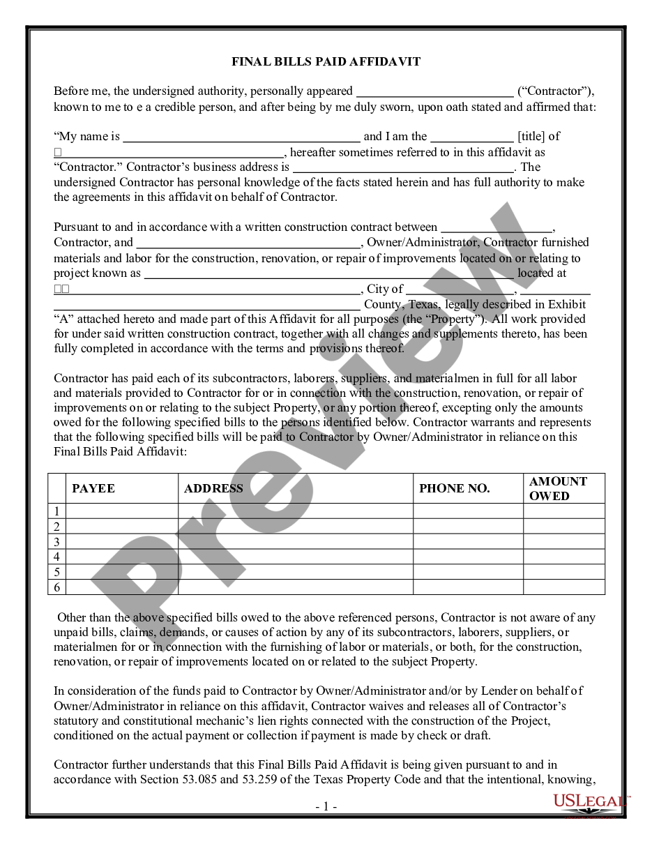 page 0 Final Bills Paid Affidavit preview