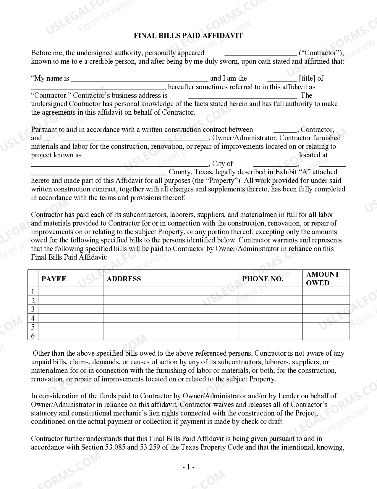 Texas Final Bills Paid Affidavit US Legal Forms