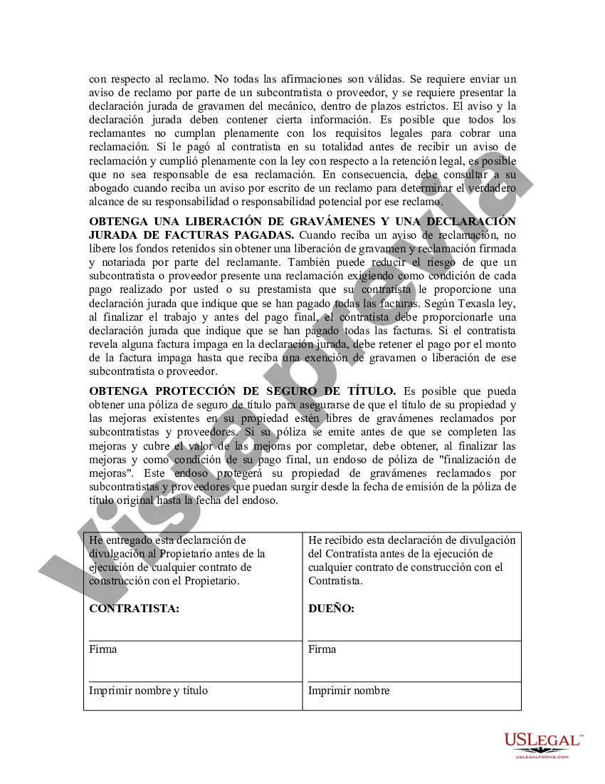 Preview Declaración de divulgación requerida para un contrato de construcción residencial