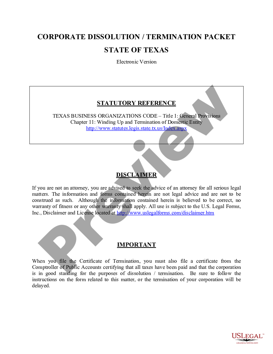 page 0 Texas Dissolution Package to Dissolve Corporation preview