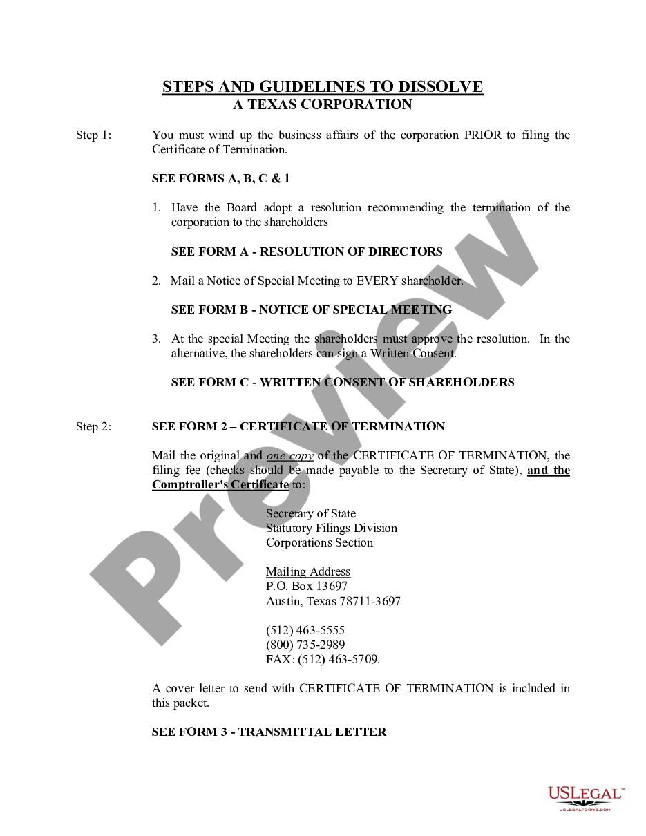 page 1 Texas Dissolution Package to Dissolve Corporation preview