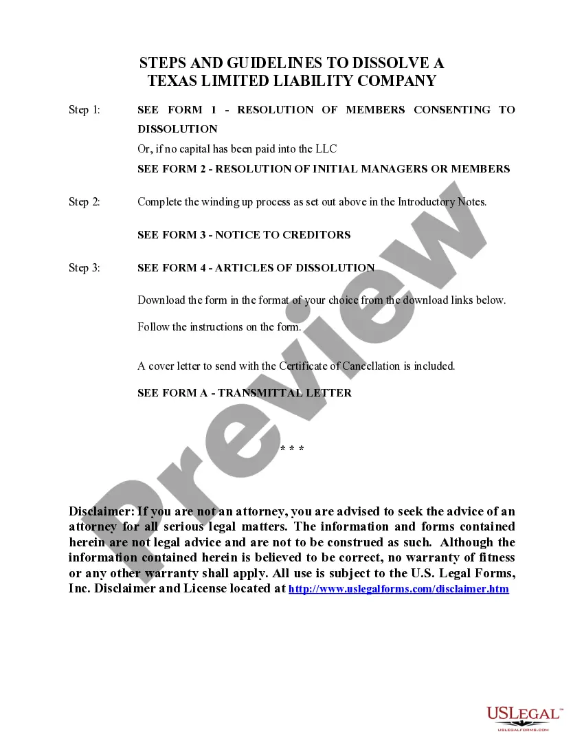 Get Texas Dissolution Package to Dissolve Limited Liability Company LLC Preview Texas Dissolution Package to Dissolve Limited Liability Company LLC