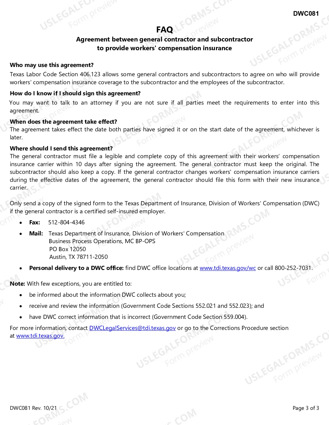 Preview Agreement Between General Contractor And Subcontractor To Provide Workers Compensation Insurance