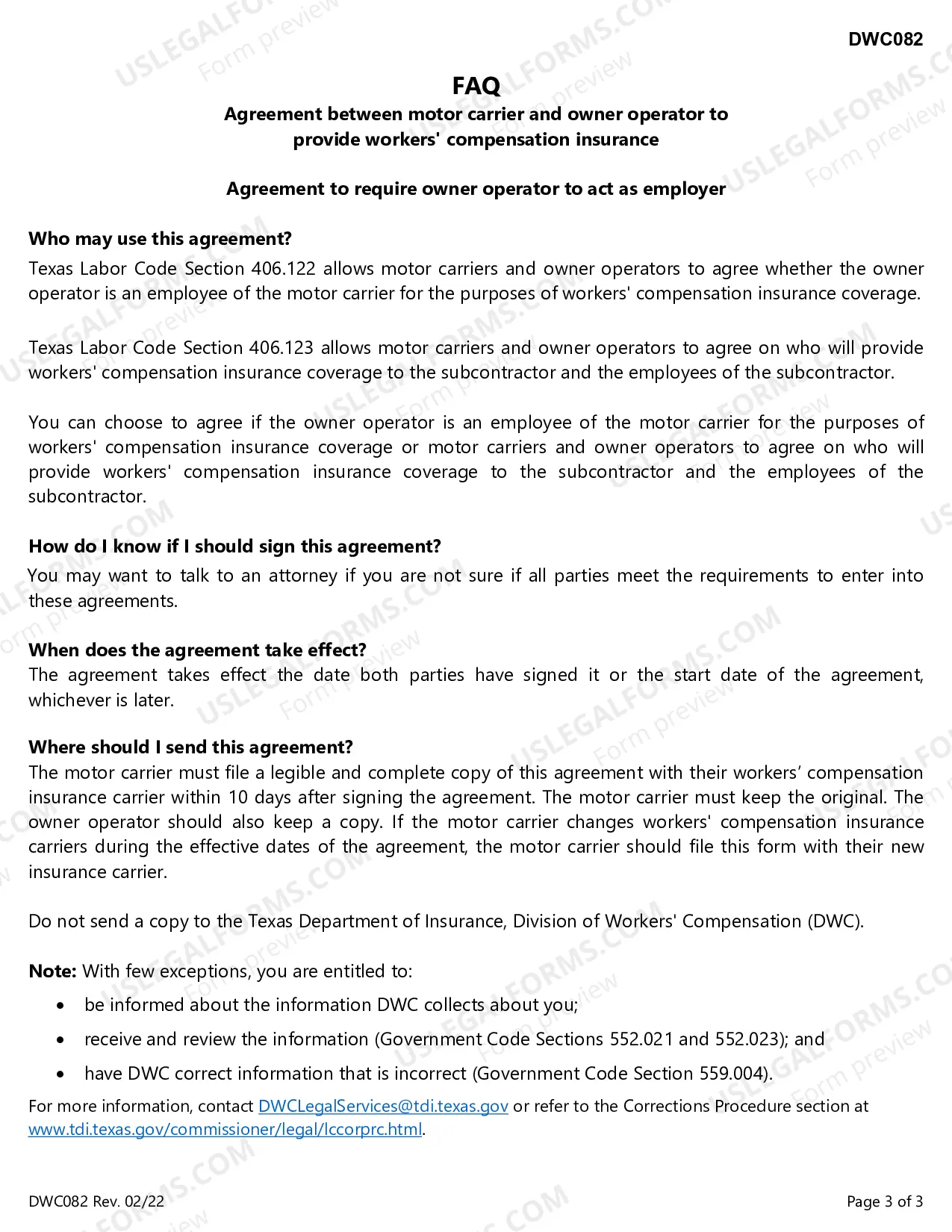 Preview Agreement Between Motor Carrier And Owner Operator To Provide Workers Compensation Insurance Coverage