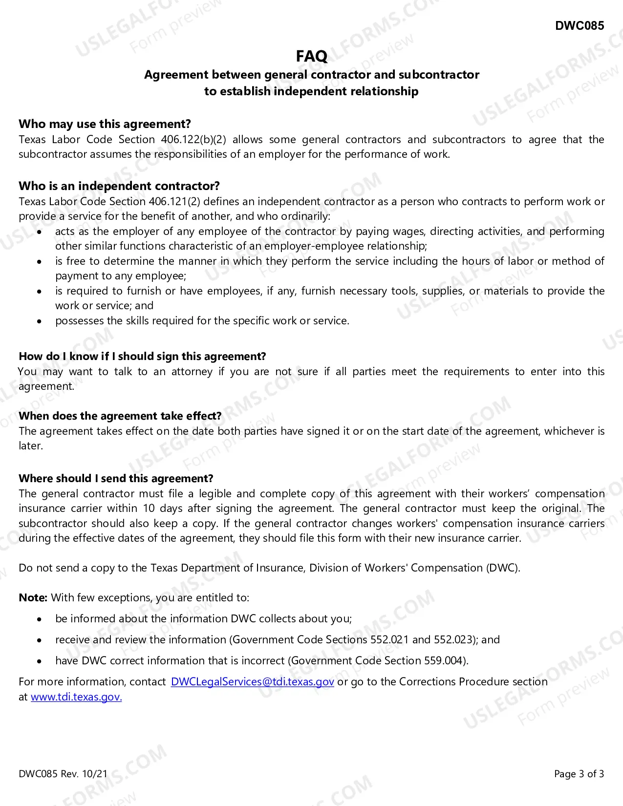 Preview Agreement Between General Contractor And Subcontractor To Establish Independant Relationship