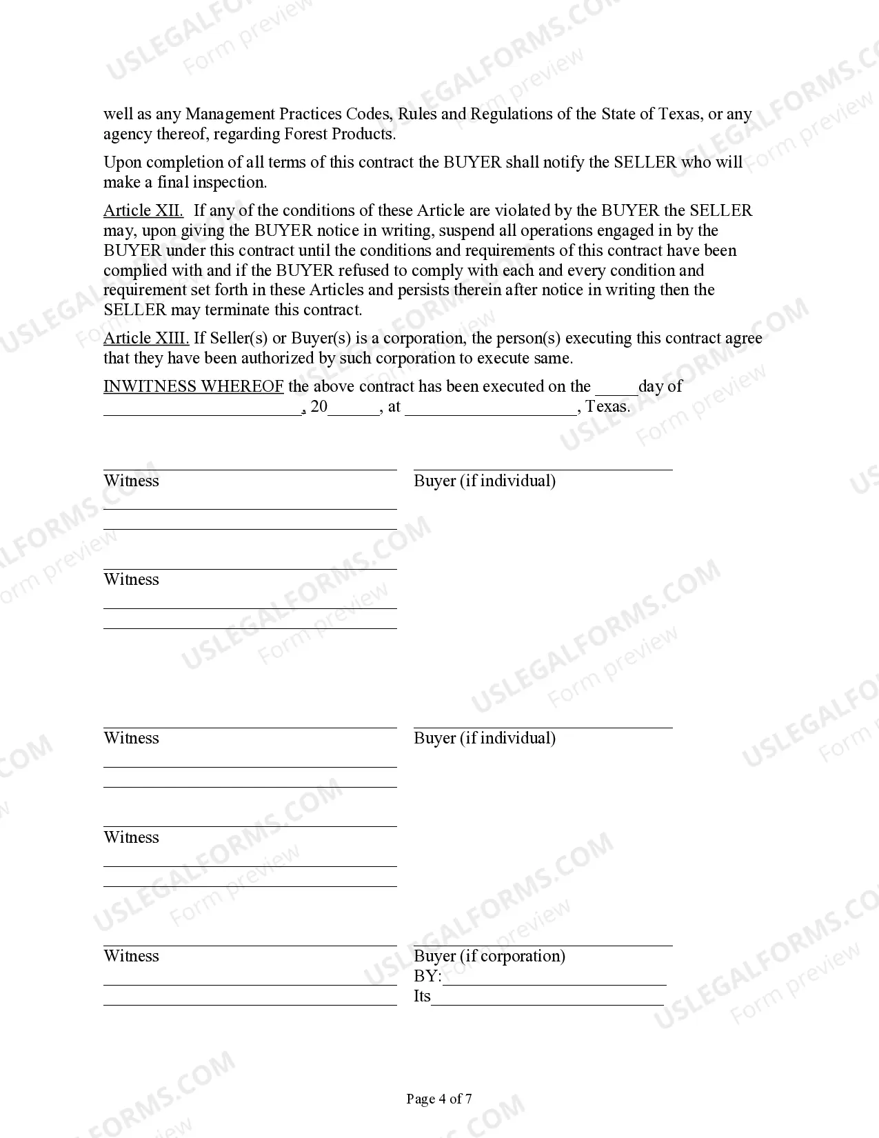 Preview Texas Forest Products Timber Sale Contract