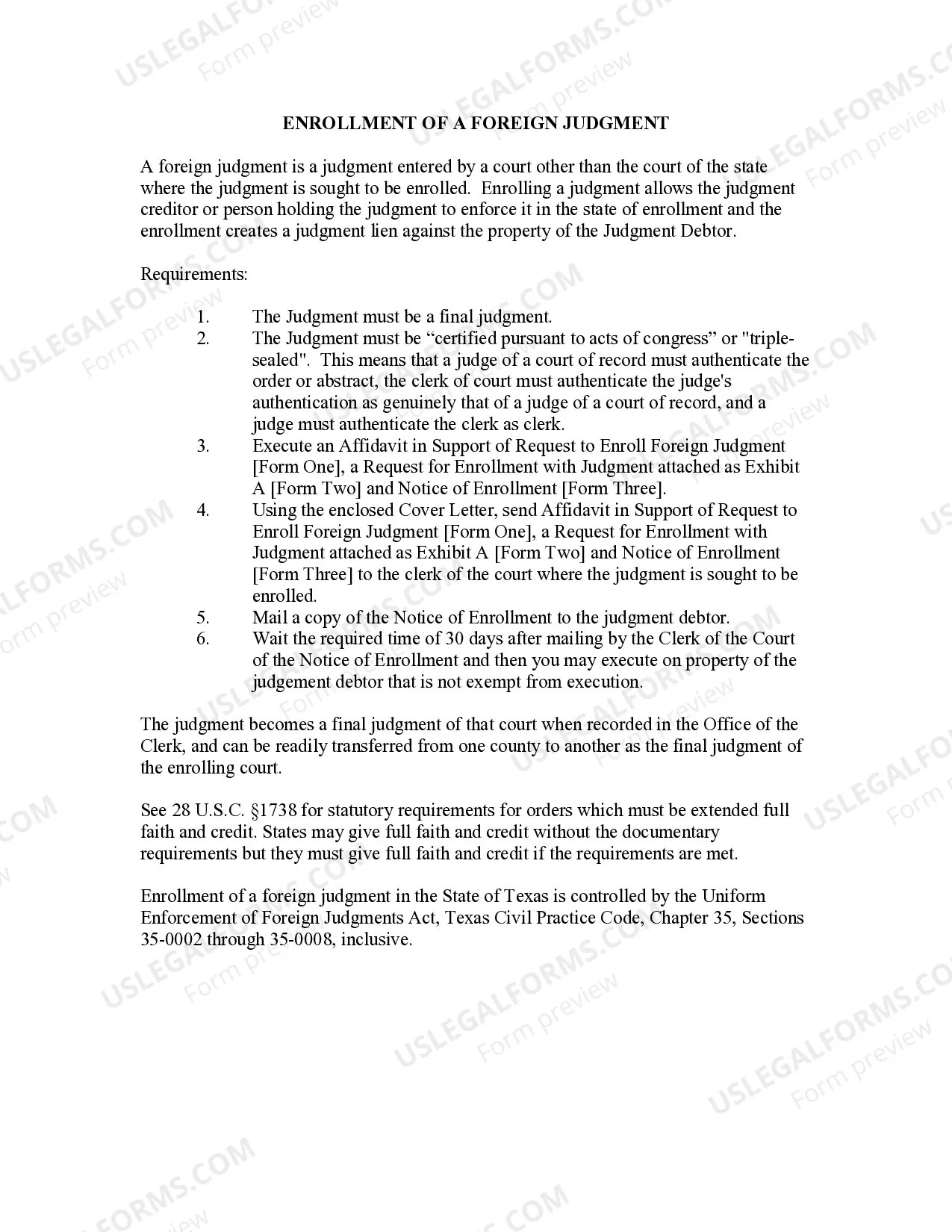Preview Texas Foreign Judgment Enrollment