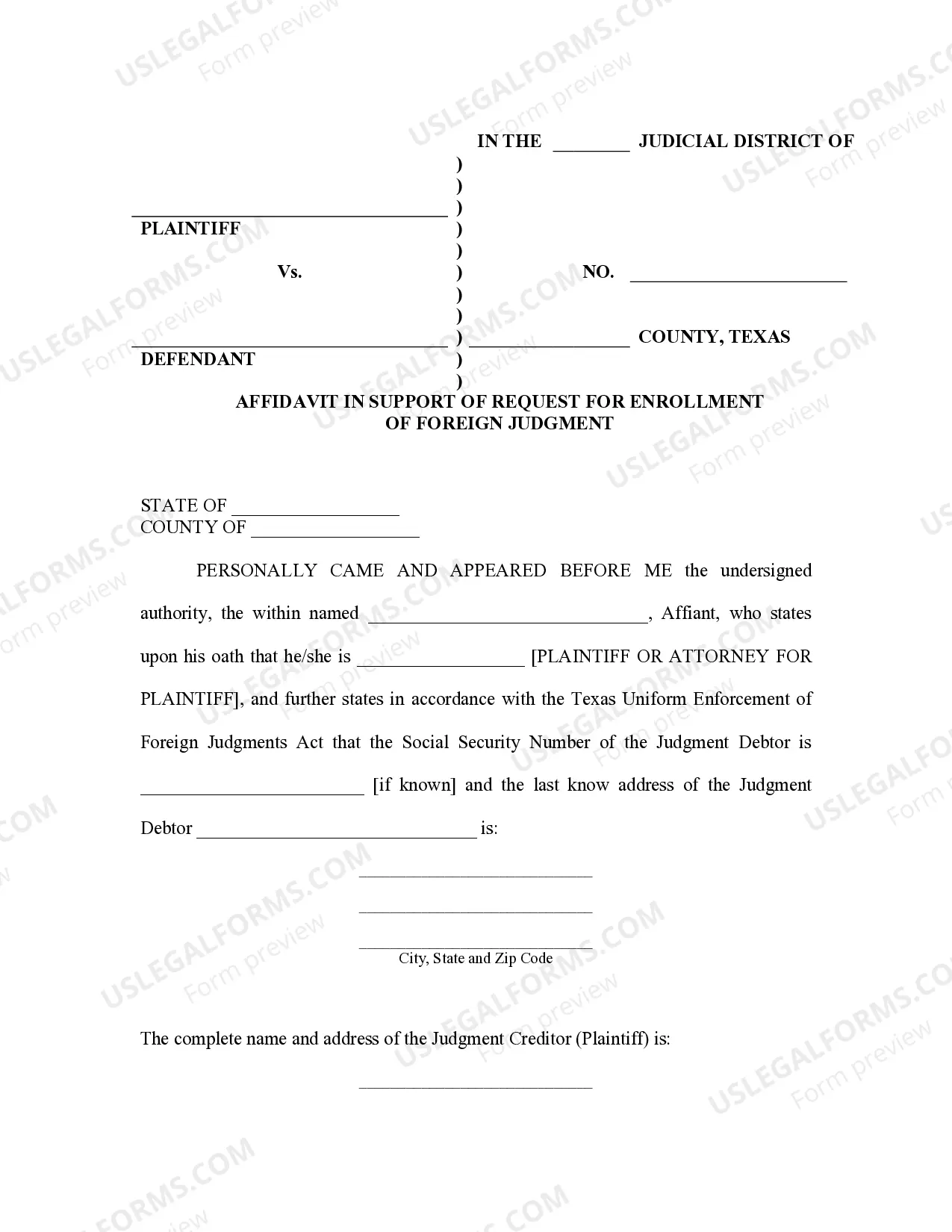 Preview Texas Foreign Judgment Enrollment