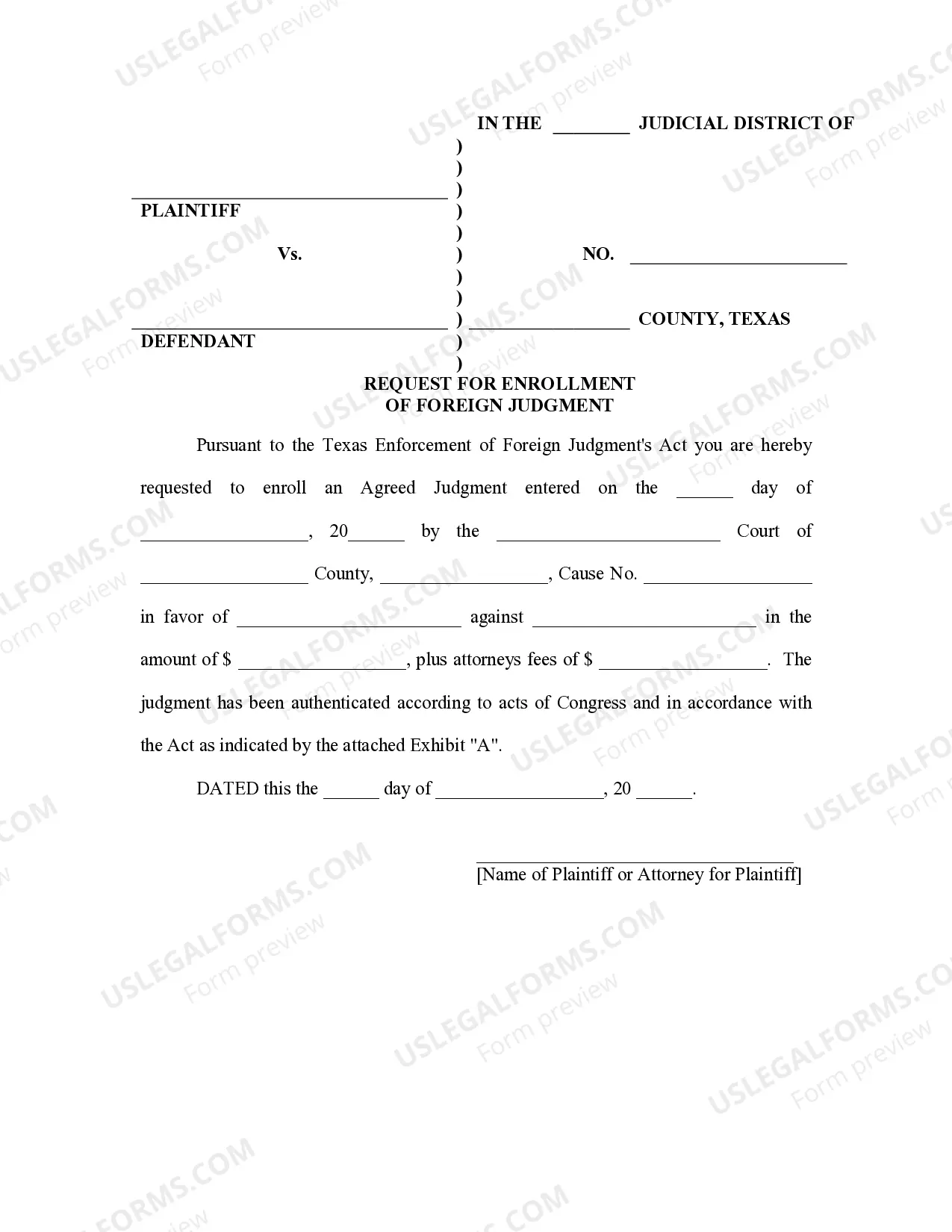 Preview Texas Foreign Judgment Enrollment