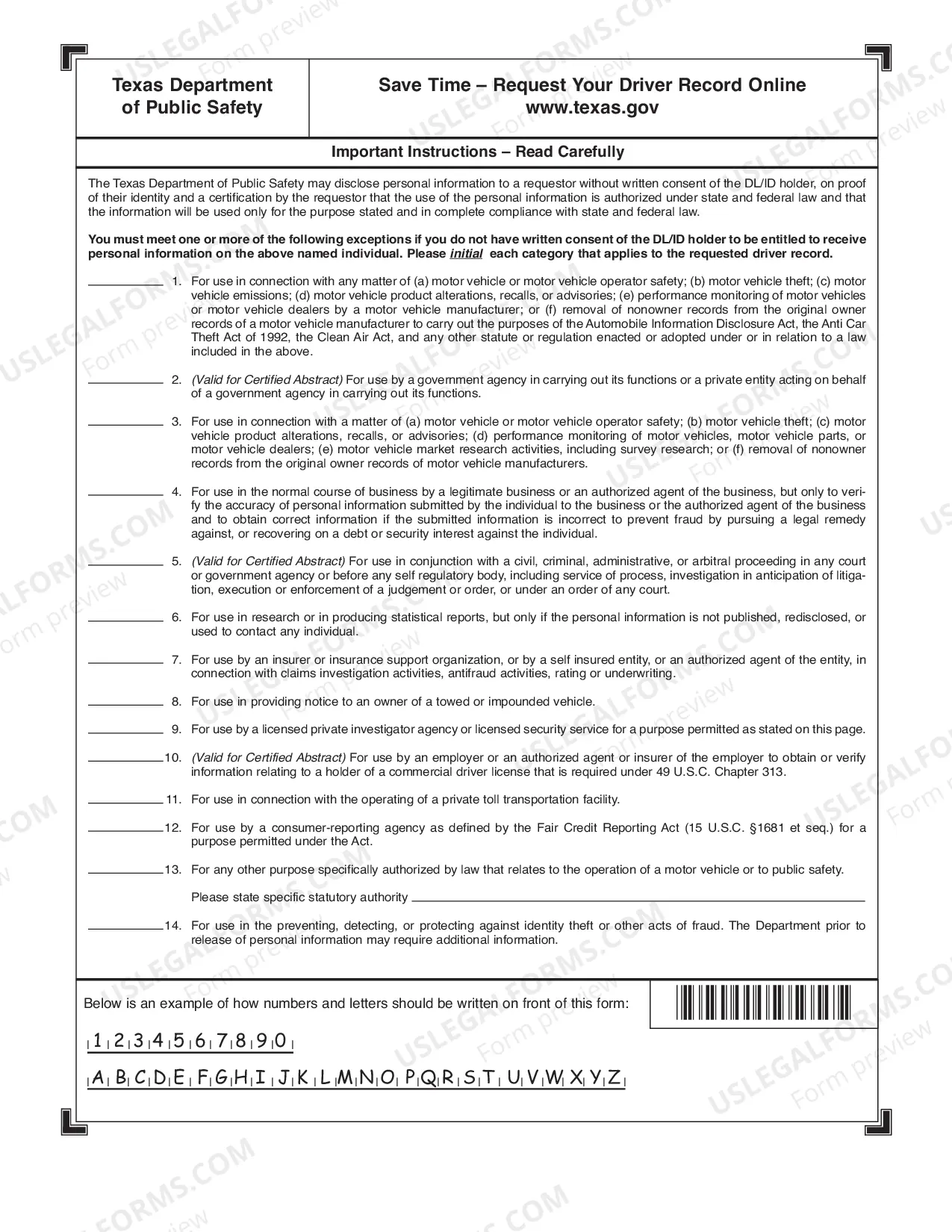 Preview TX DPS Driving Record Form