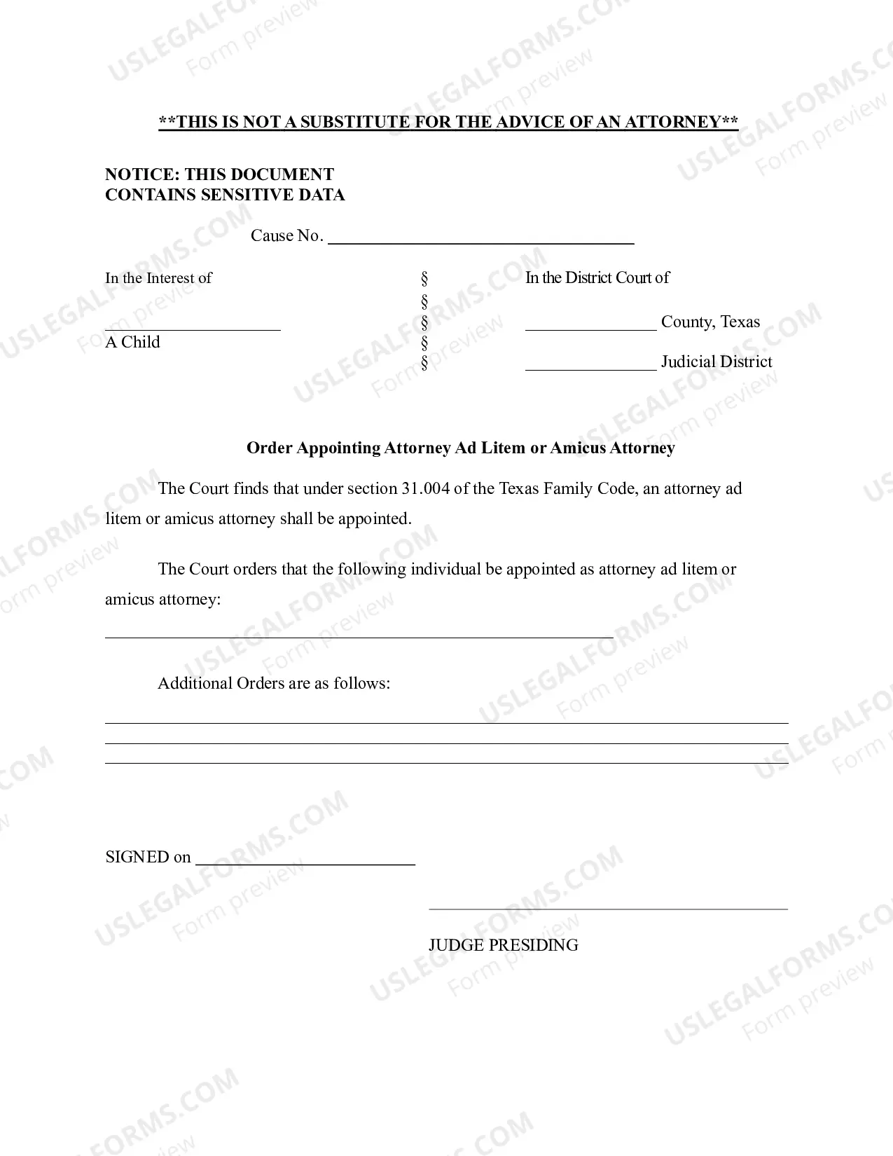 Preview Order Appointing Attorney Ad Litem or Amicus Attorney