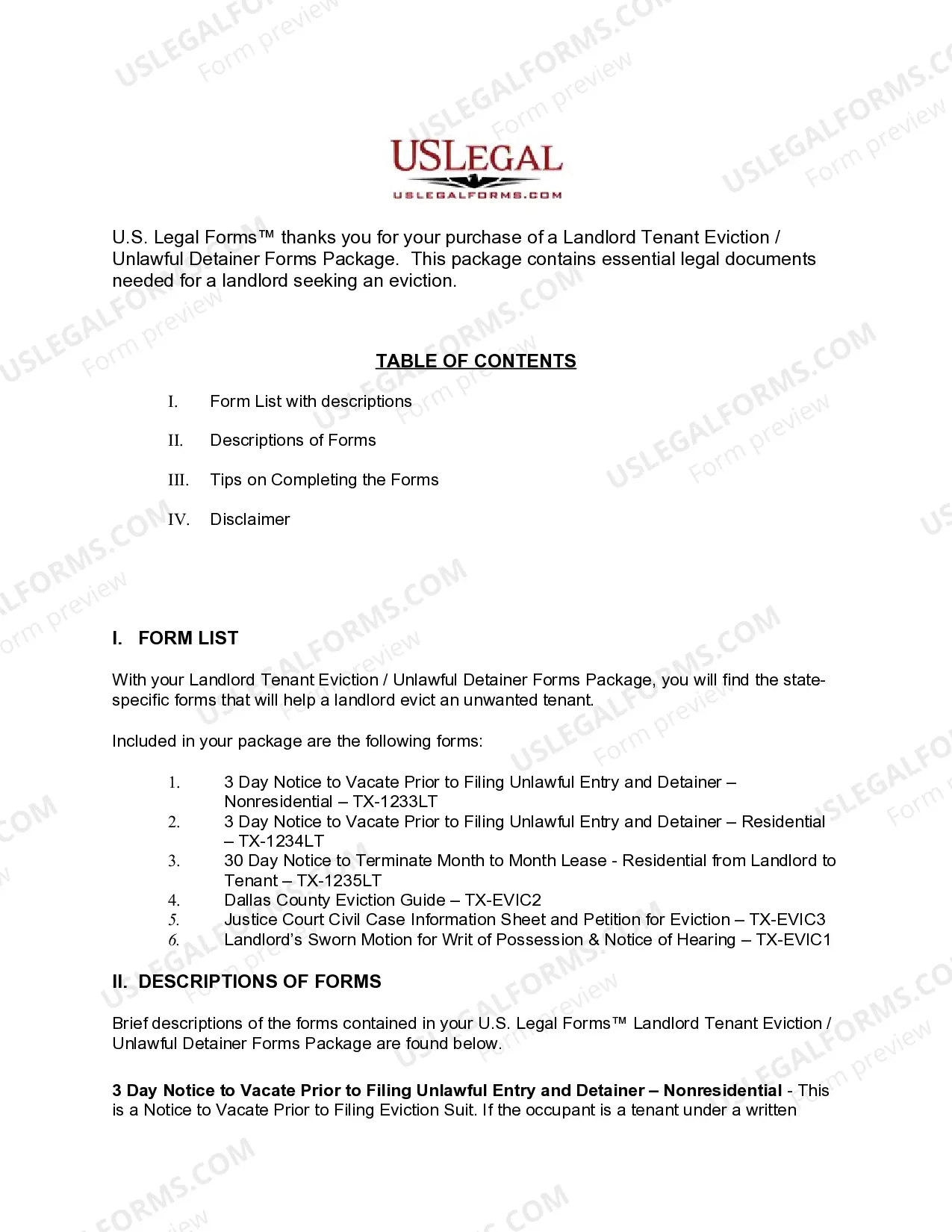 Preview Texas Landlord Tenant Eviction / Unlawful Detainer Forms Package