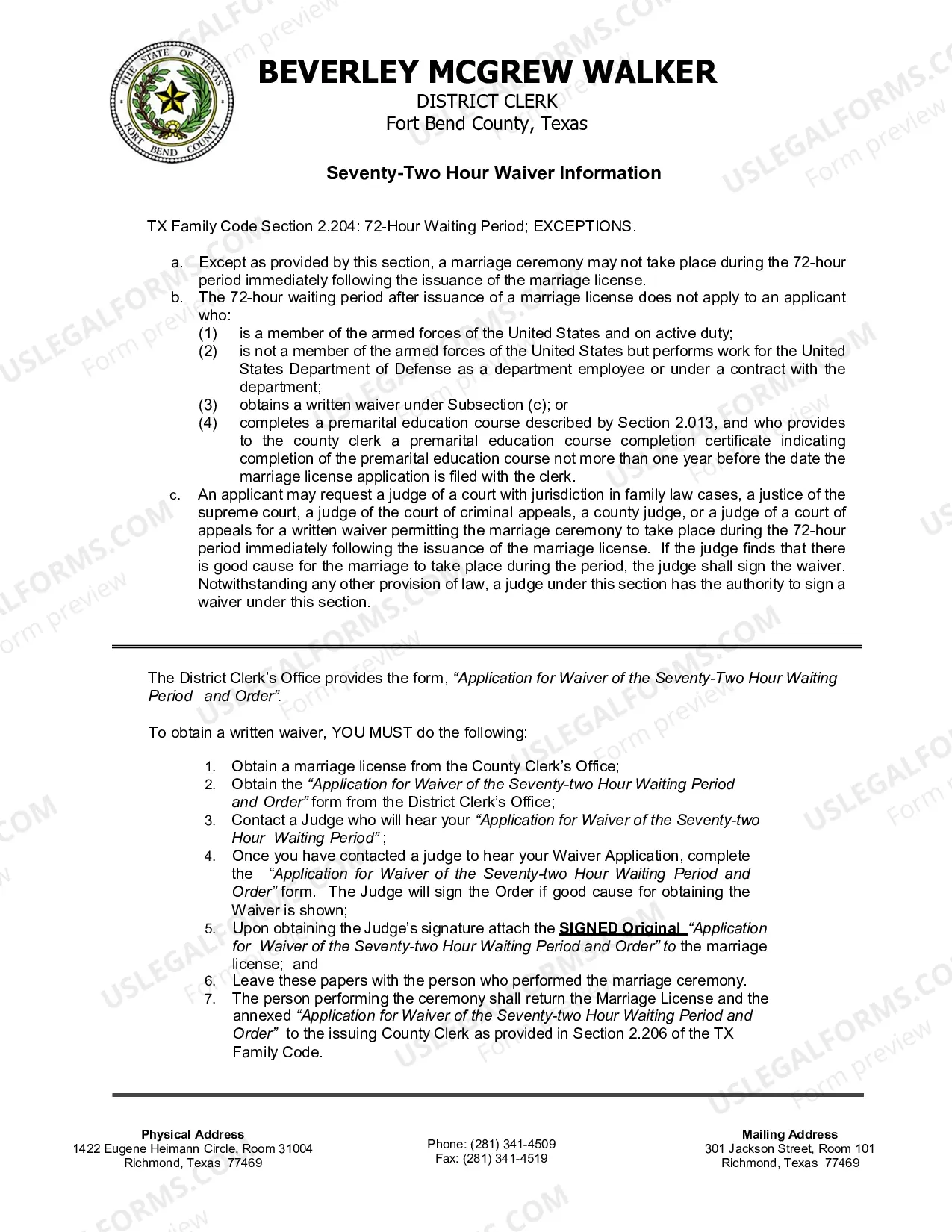 Preview Application for Waiver of The Seventy-Two Hour Waiting Period