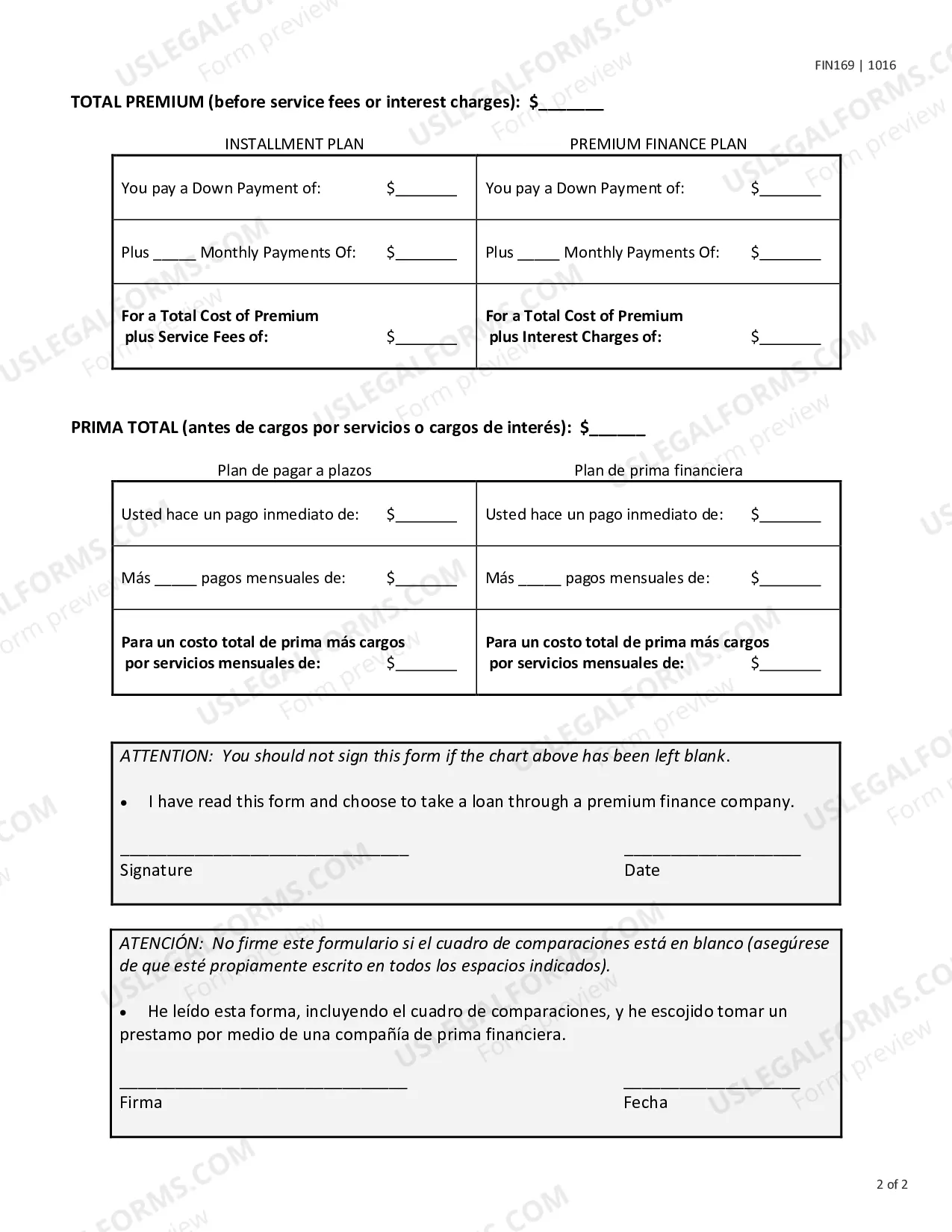 Preview Premium Finance Premium Comparison Disclosure Form