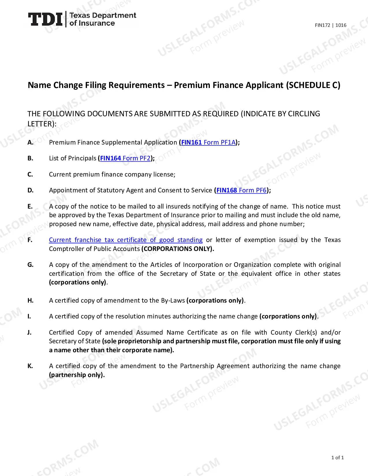 Preview Filings Required for Premium Finance Application for Name Change (Schedule C)