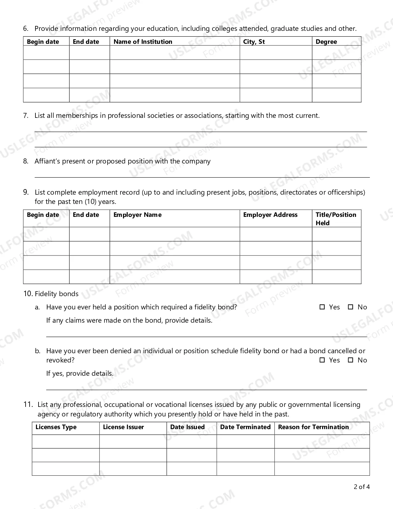 Preview Biographical Affidavit for Captive Insurance Company