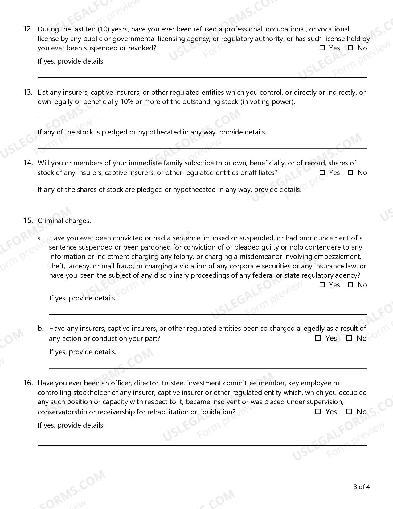 Preview Biographical Affidavit for Captive Insurance Company