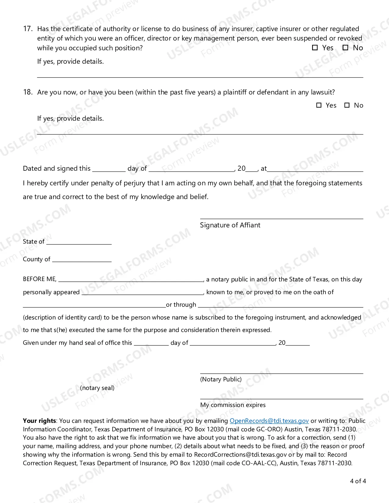 Preview Biographical Affidavit for Captive Insurance Company