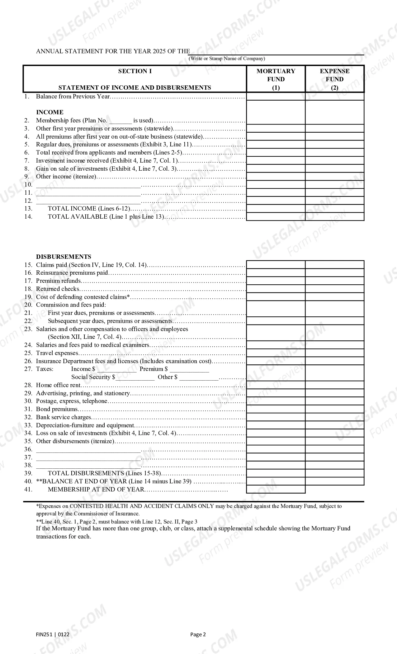 Preview Annual Statement Blank - Mutual Assessments, Burials, LMAs