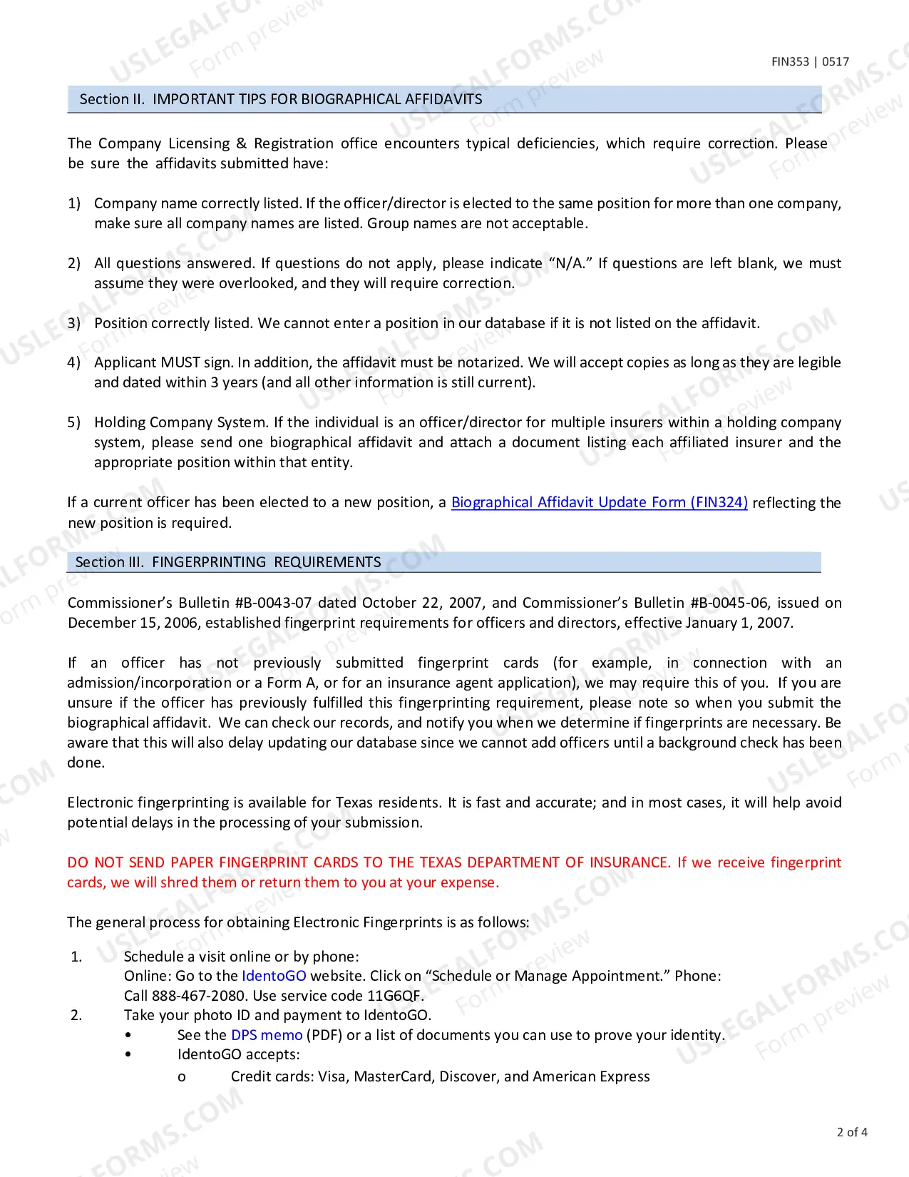 Preview Biographical Affidavit and Fingerprint Requirements for Texas-Domestic Insurers