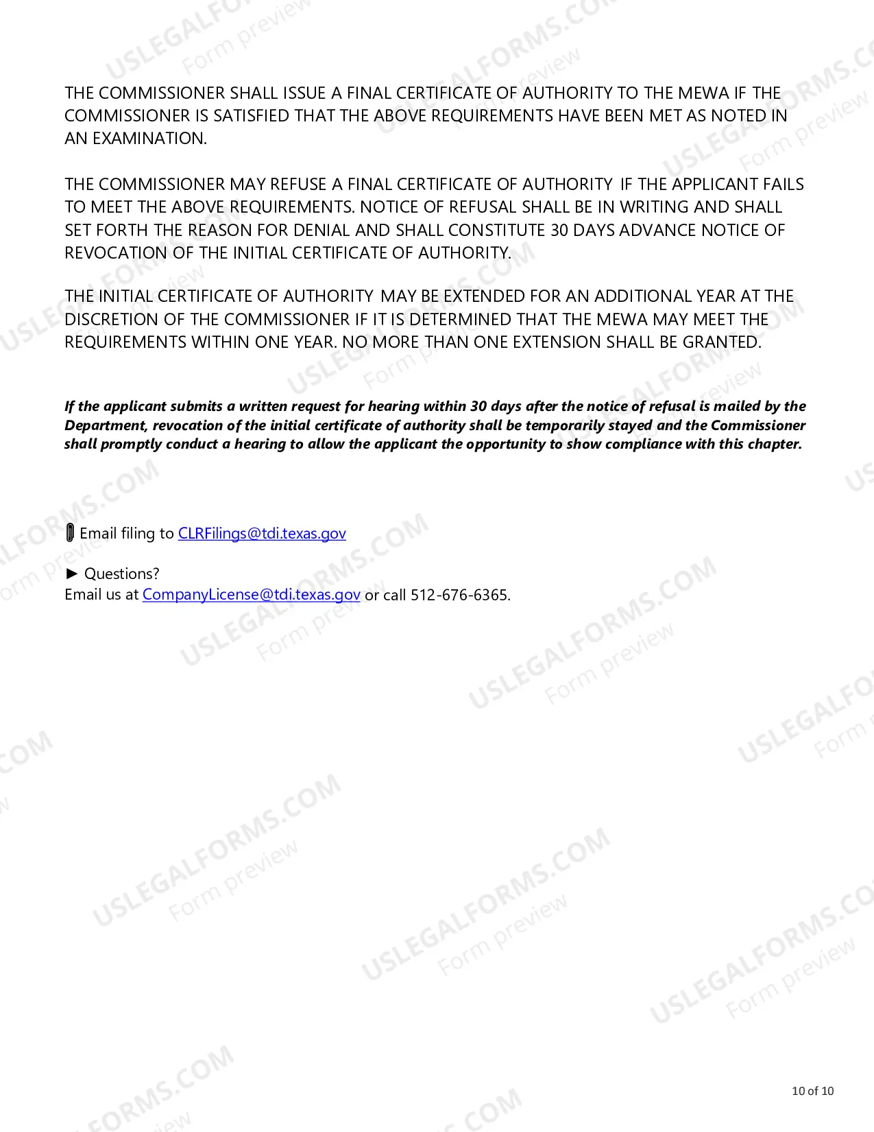 Preview Instructions for Certificate of Authority for Multiple Employer Welfare Arrangement