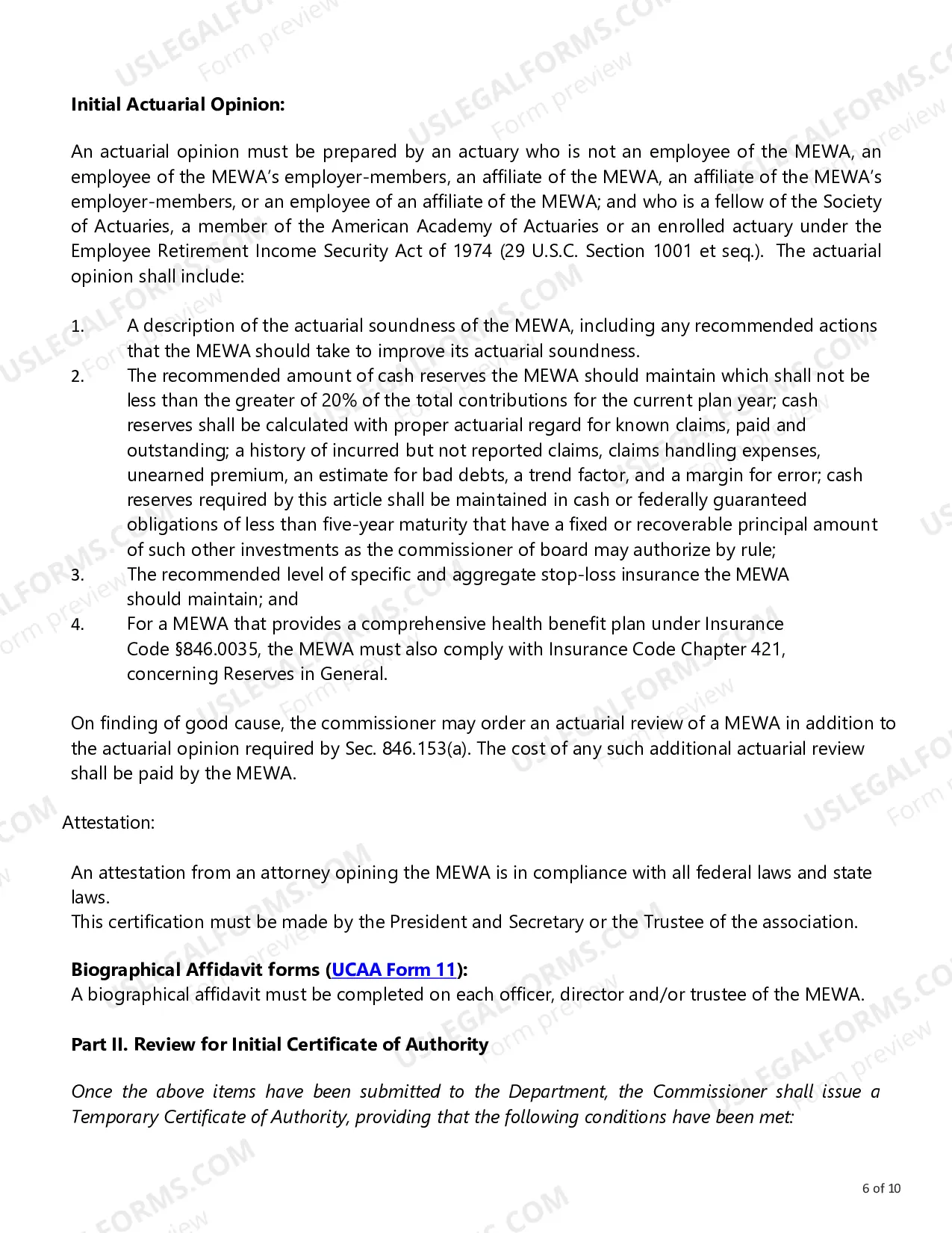 Preview Instructions for Certificate of Authority for Multiple Employer Welfare Arrangement