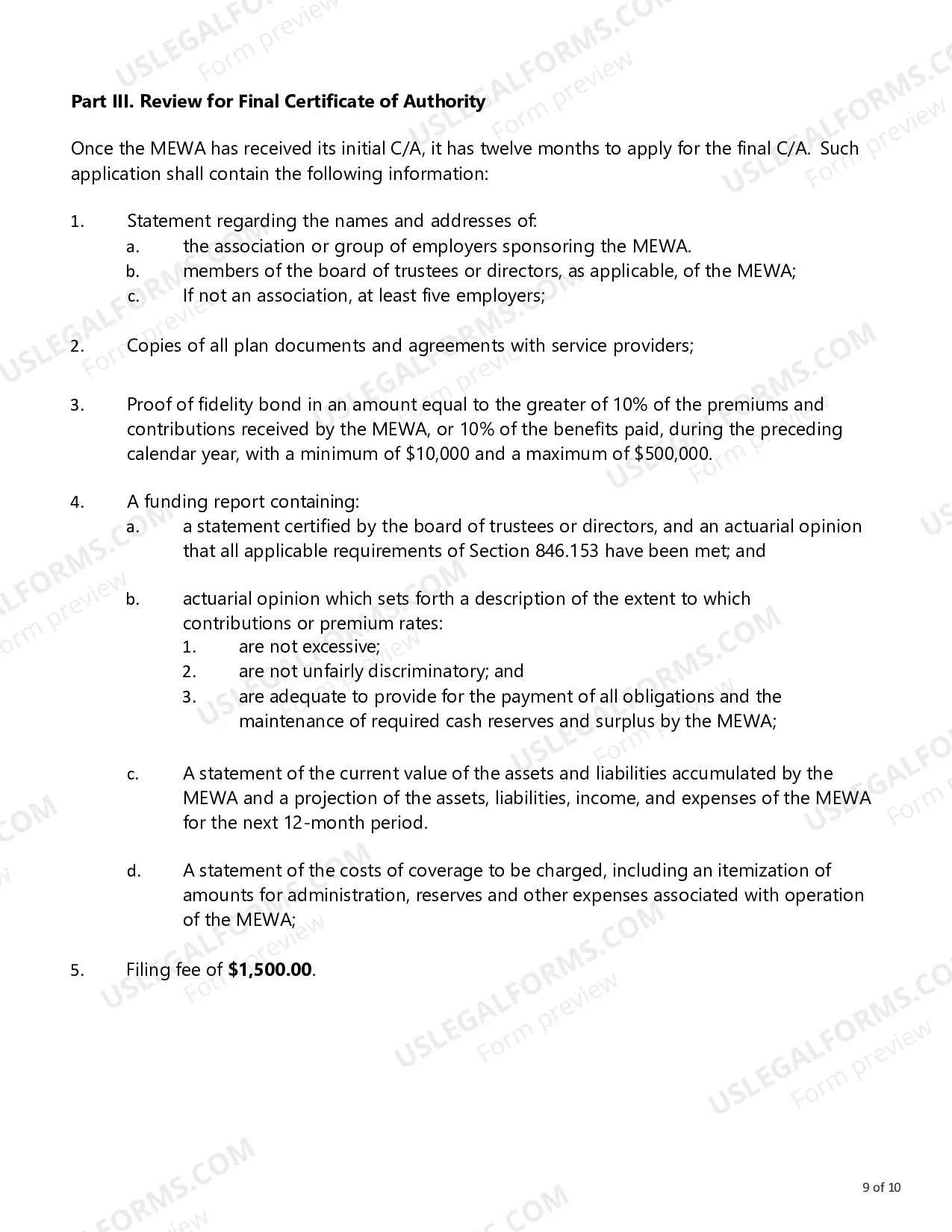Preview Instructions for Certificate of Authority for Multiple Employer Welfare Arrangement