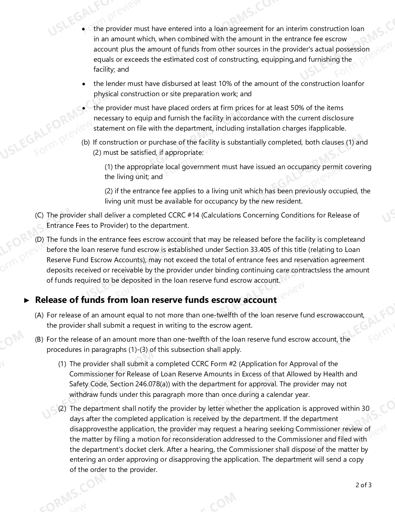 Preview Continuing Care Retirement Community (CCRC) Release of Funds from Escrow