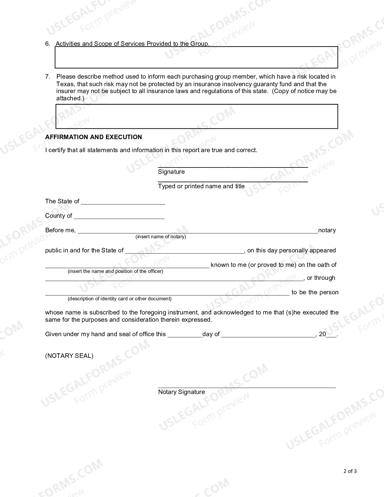 Preview Annual Agent Report for Risk Retention and Purchasing Groups - Form PG3