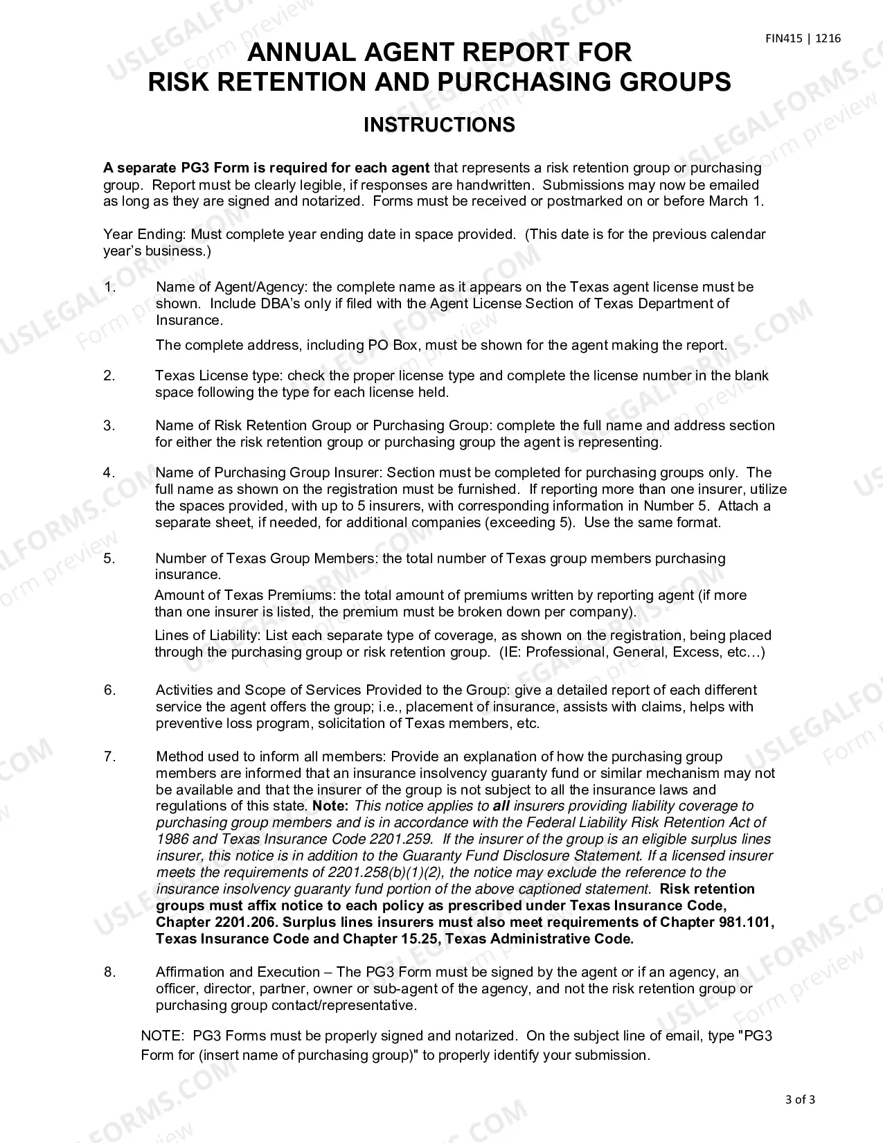 Preview Annual Agent Report for Risk Retention and Purchasing Groups - Form PG3