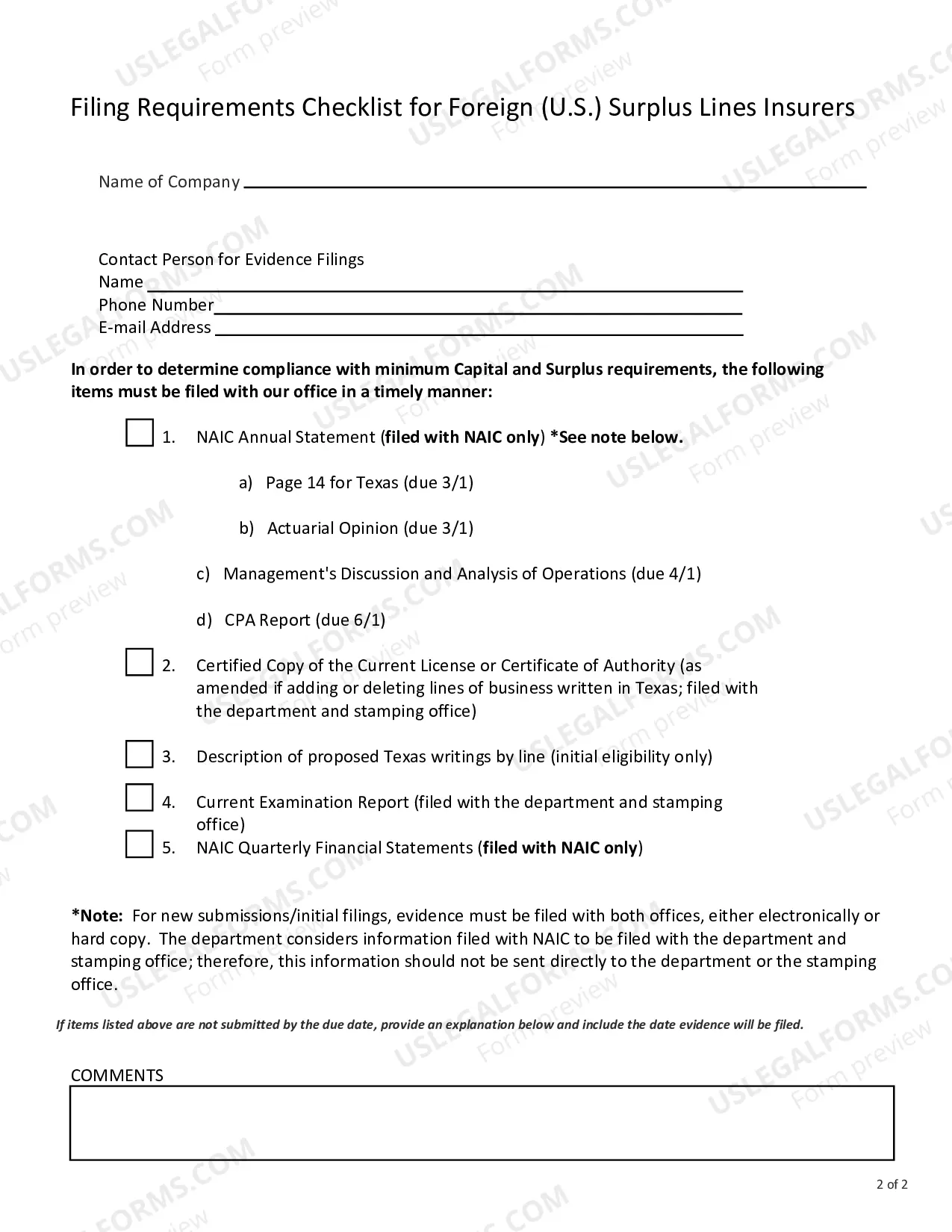 Preview Foreign (U.S. domiciled) Surplus Lines Insurers Filing Requirements/Checklist