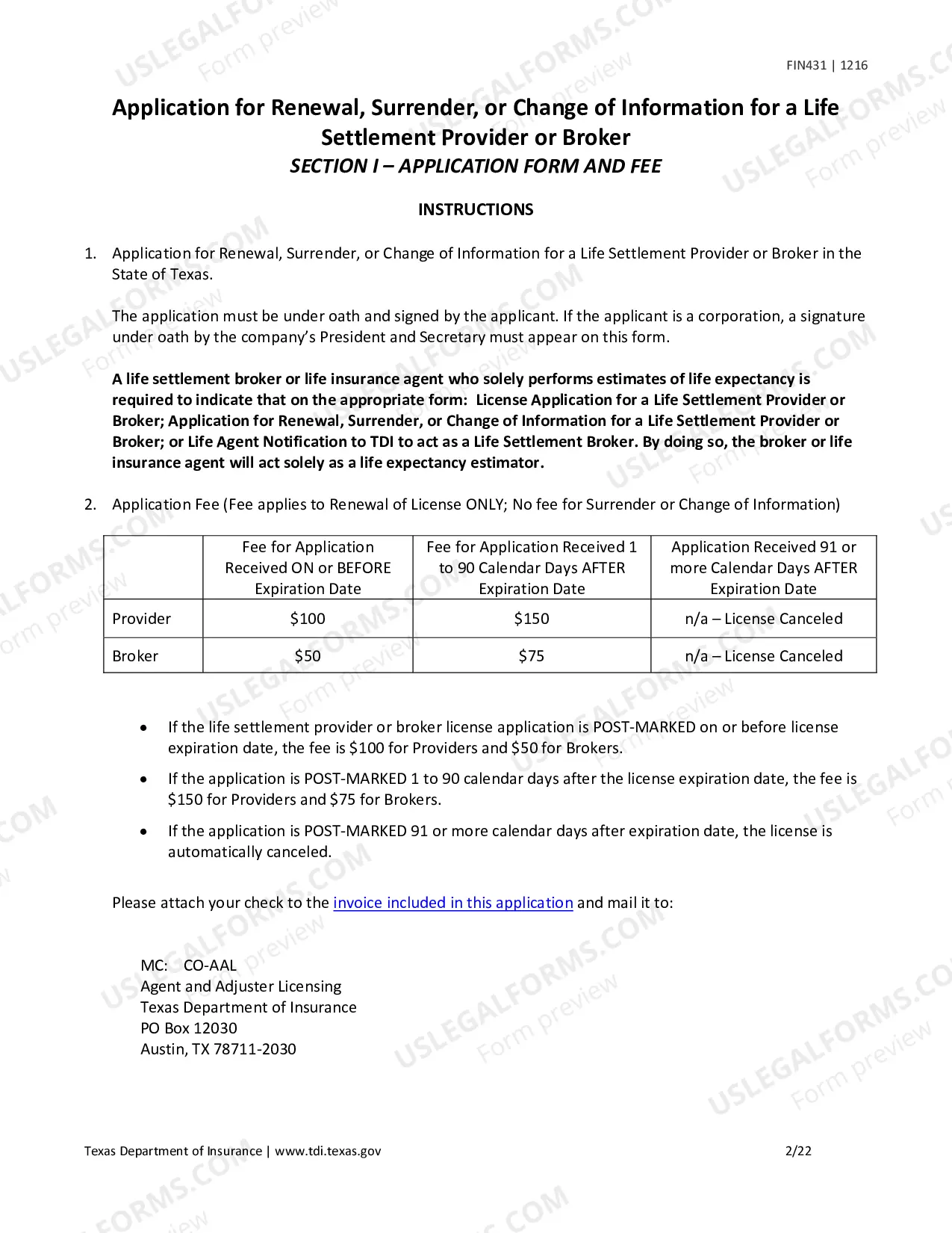 Preview Application for Renewal, Surrender, or Change of Information for a Life Settlement Provider or Broker