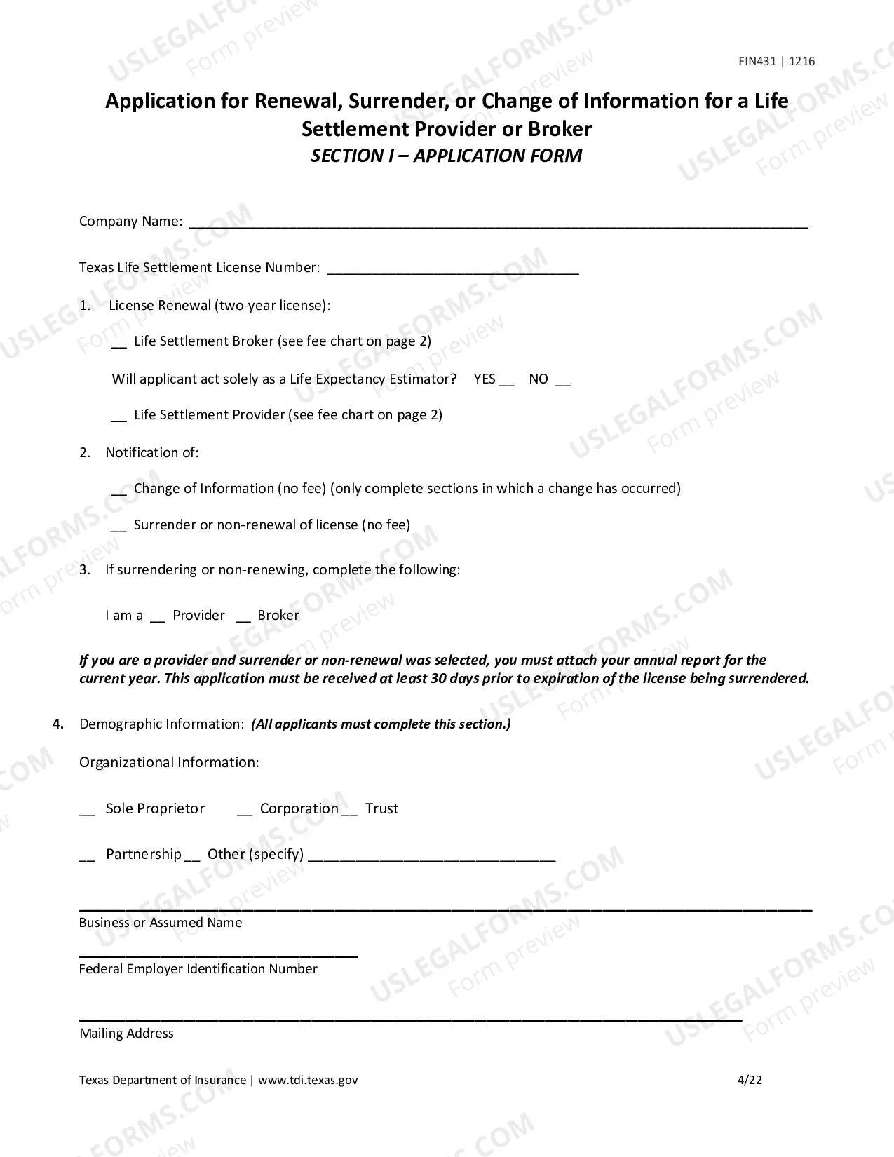 Preview Application for Renewal, Surrender, or Change of Information for a Life Settlement Provider or Broker