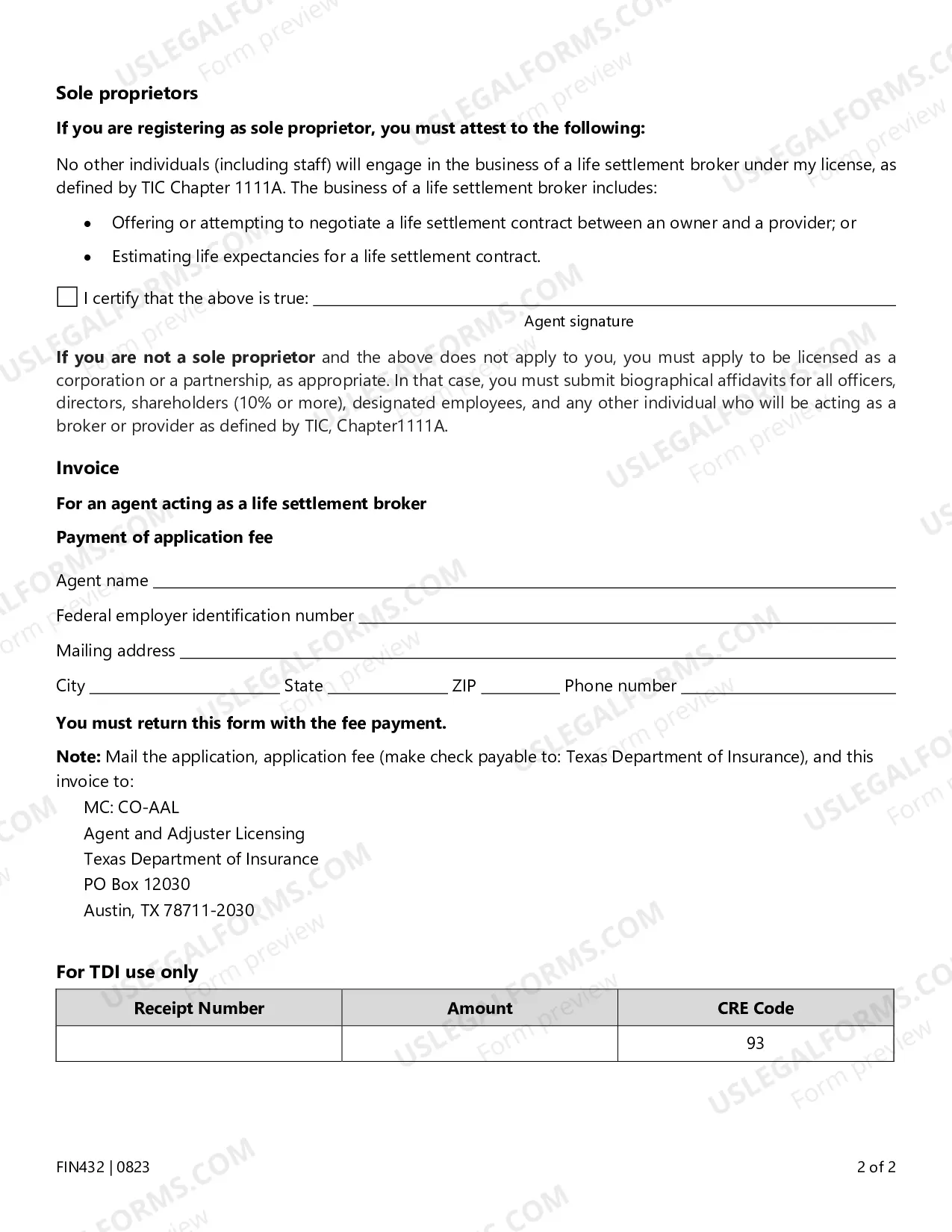 Preview Life Agent Notification to TDI to act as a Life Settlement Broker