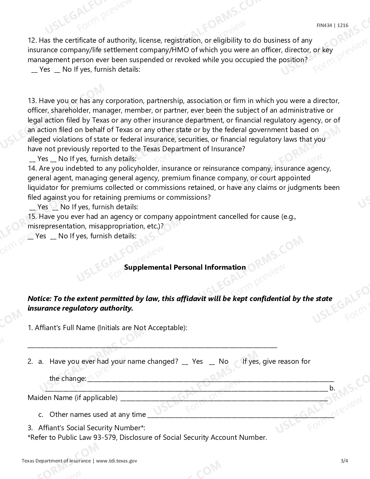 Preview Biographical Affidavit for Life Settlement Providers or Brokers