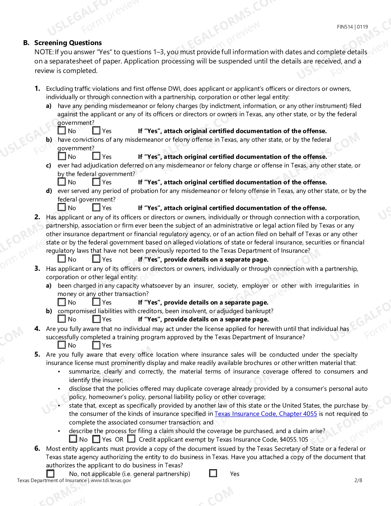 Preview Specialty Insurance License Application
