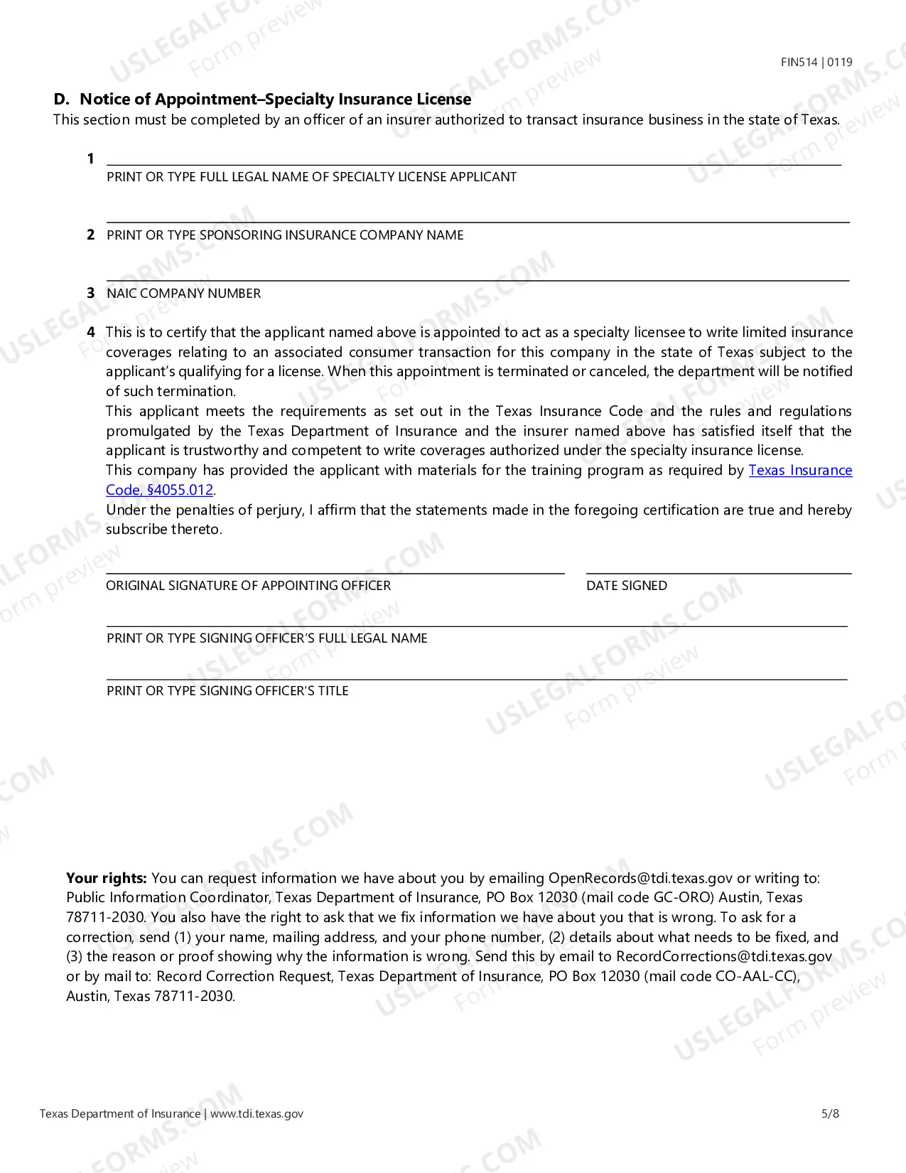 Preview Specialty Insurance License Application