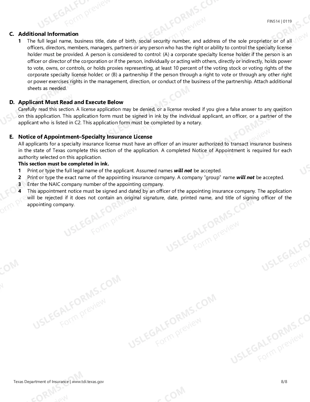 Preview Specialty Insurance License Application