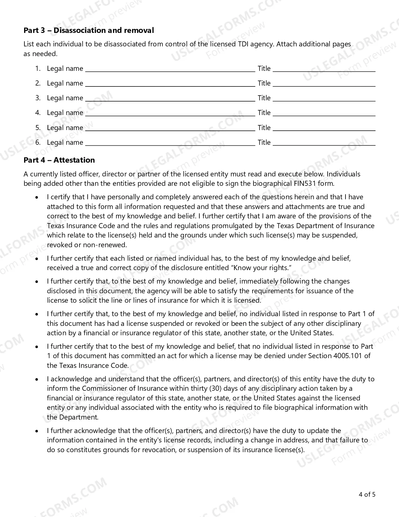 Preview Biographical Form and Certification of License Qualification Following A Change of Control