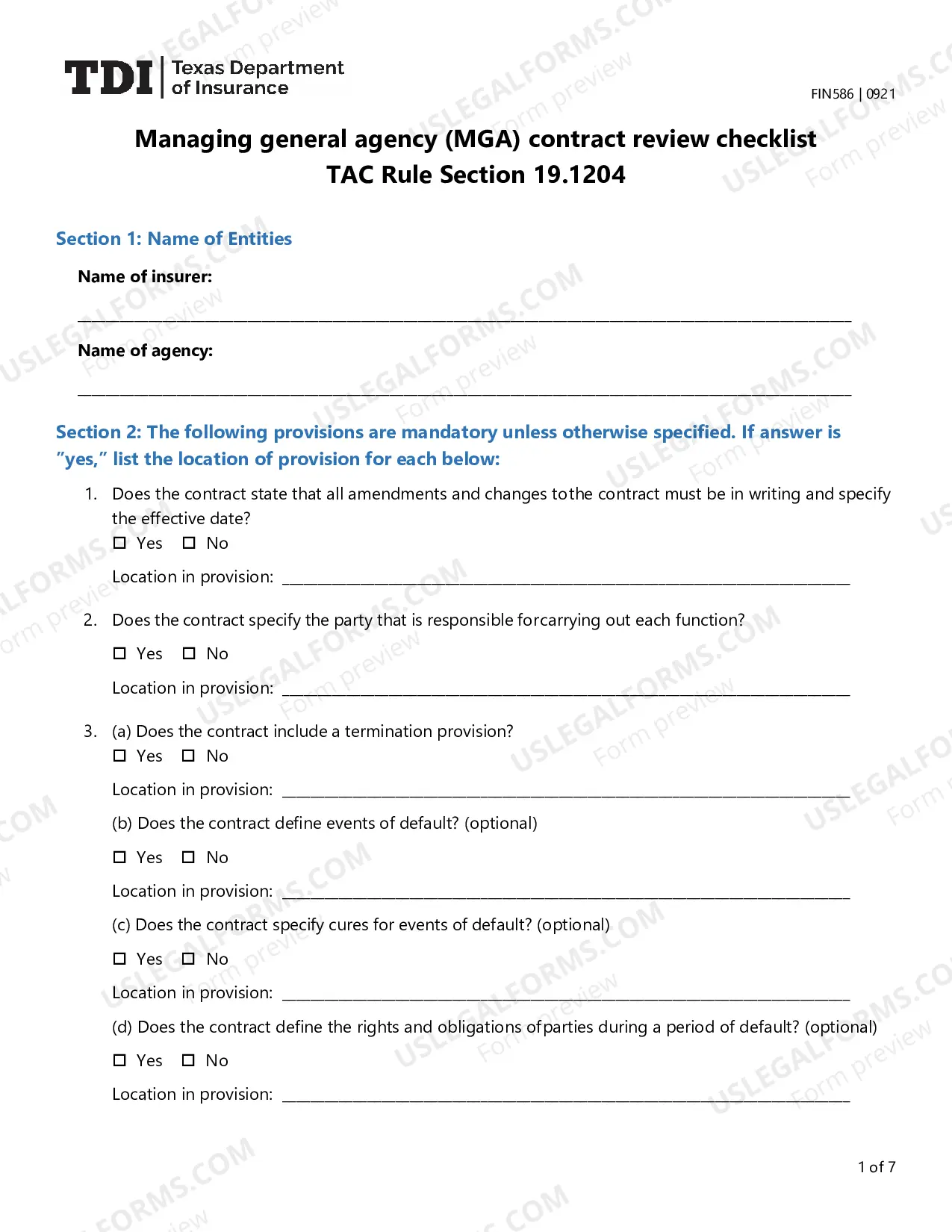 Preview MGA Contract Review Checklist