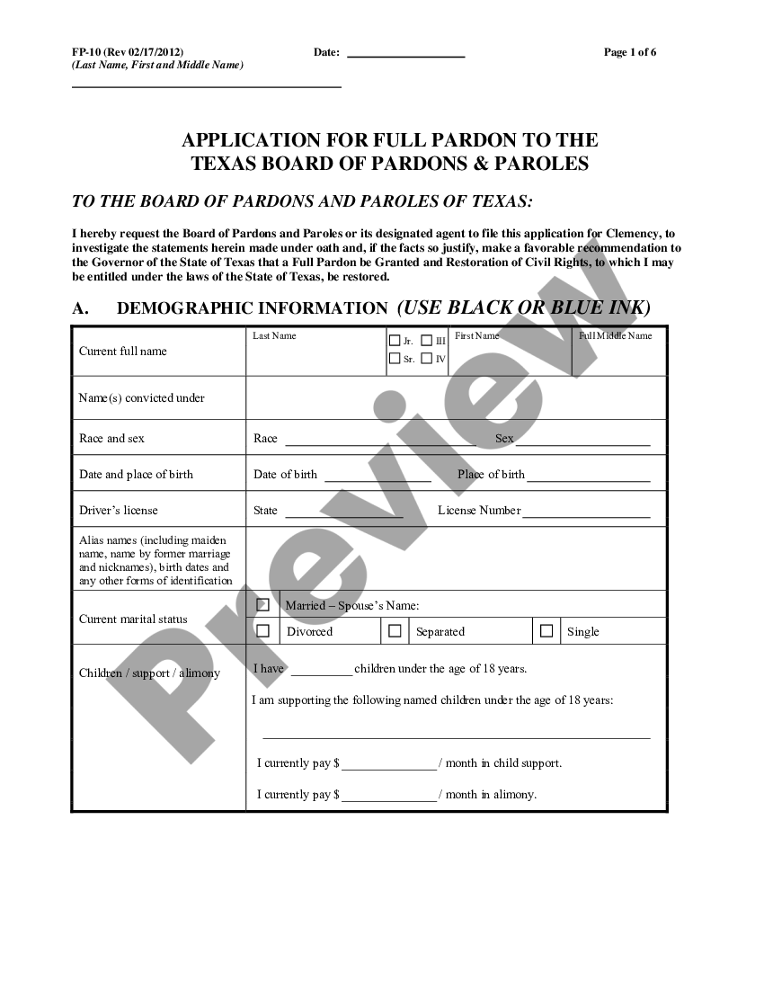 Texas Application for Full Pardon Full Pardon Application Texas US
