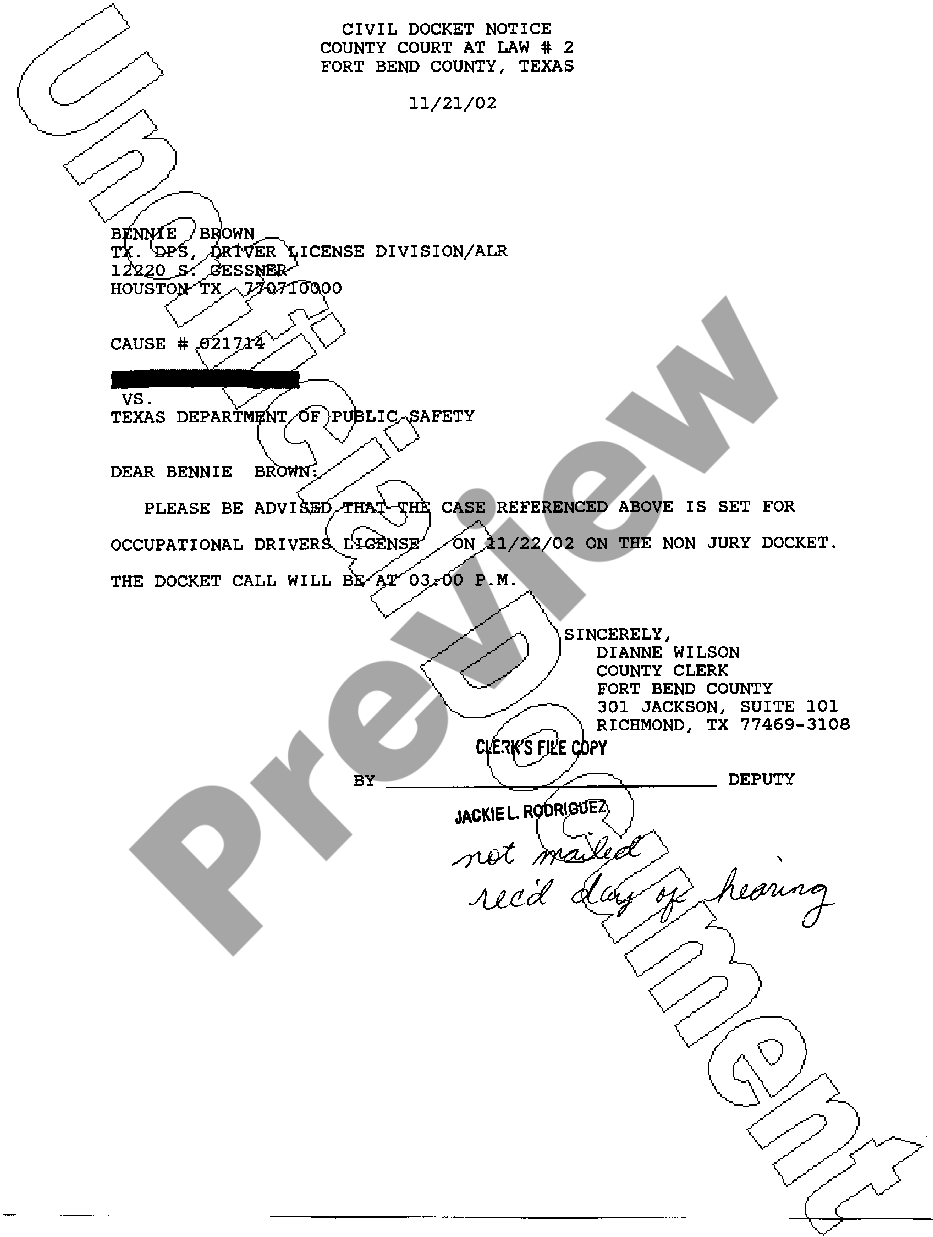 Harris Texas Civil Docket Notice Letter US Legal Forms