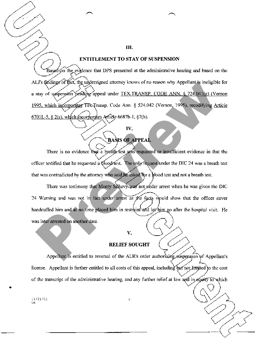 Texas Amended Appeal Petition and Stay of Suspension US Legal Forms