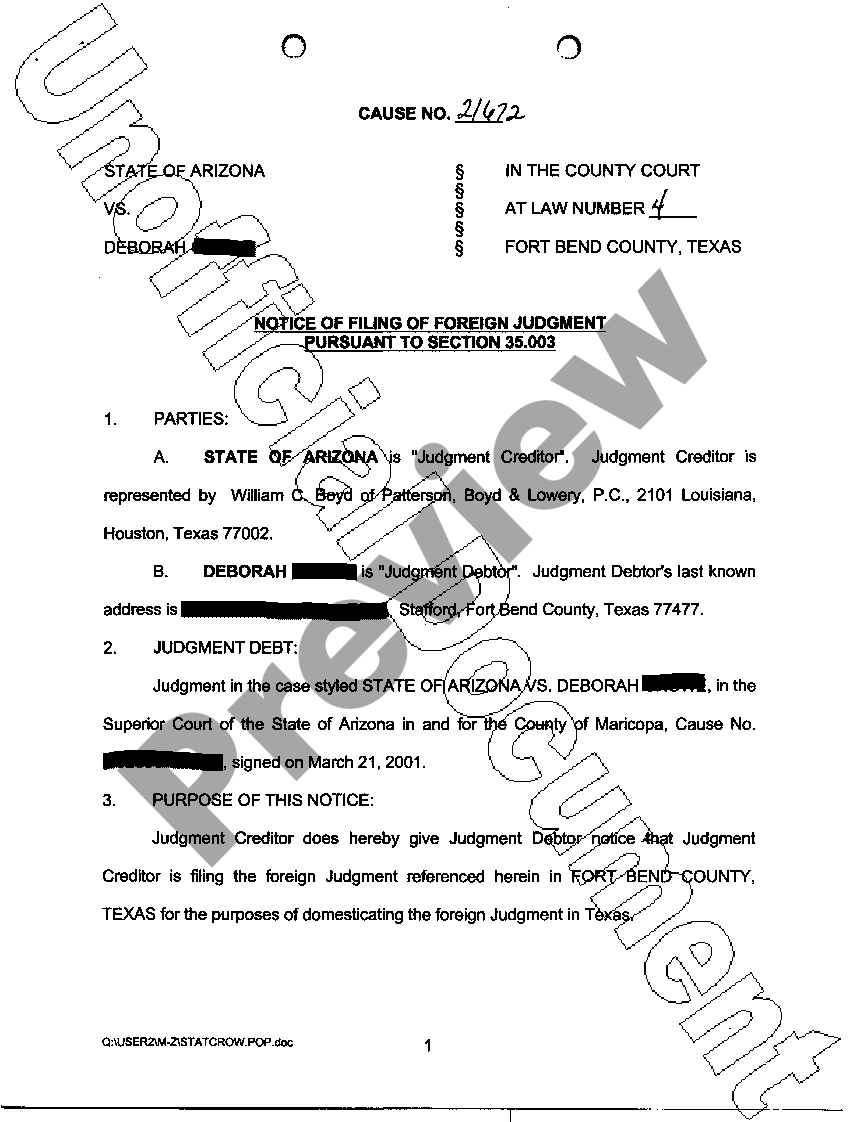 Austin Texas Notice of Filing of Foreign Judgment US Legal Forms