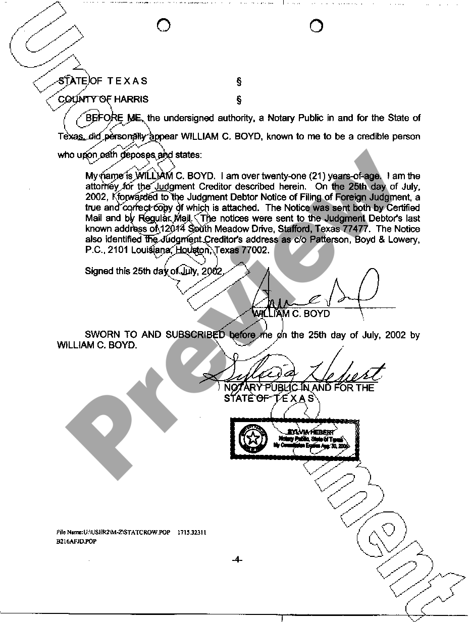 Austin Texas Notice of Filing of Foreign Judgment US Legal Forms