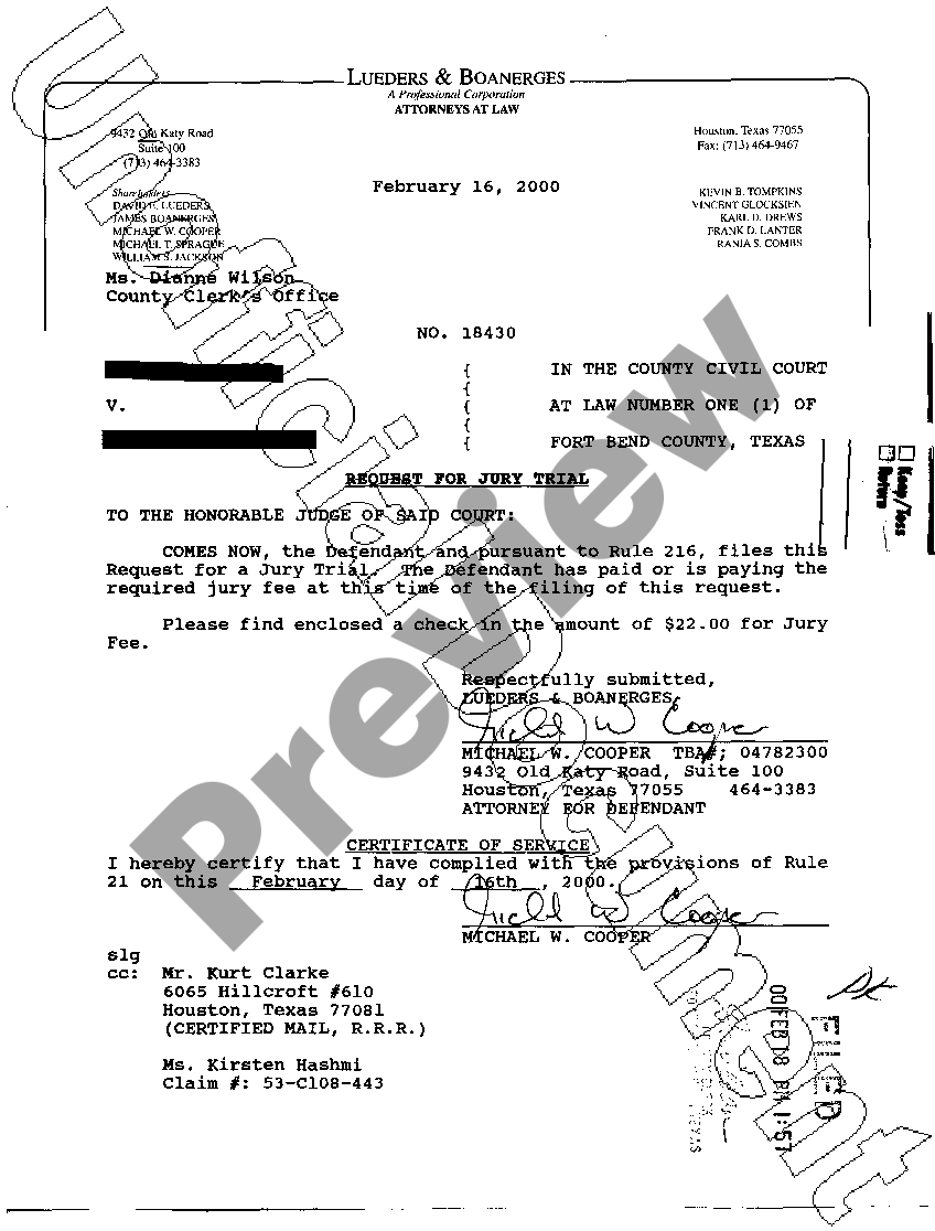 Texas Request For Jury Trial Request A Jury Trial Civl Forms Texas