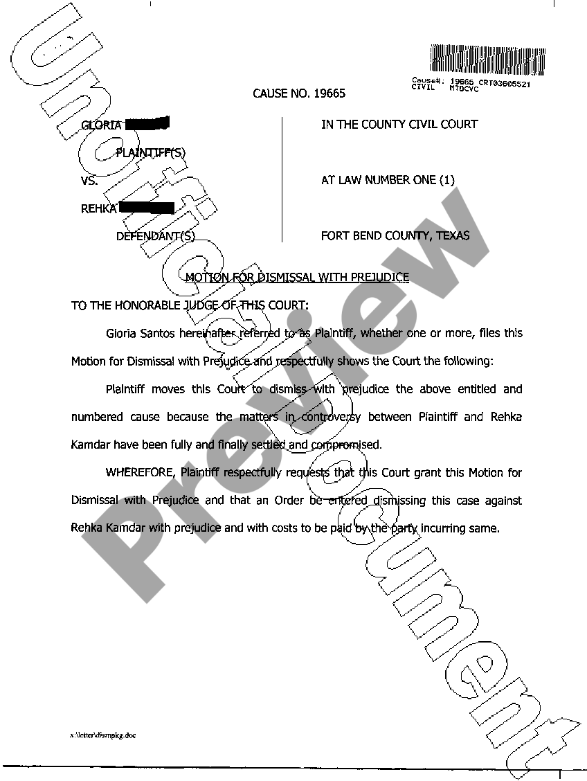 Harris Texas Motion For Dismissal With Prejudice Sample Letter To A