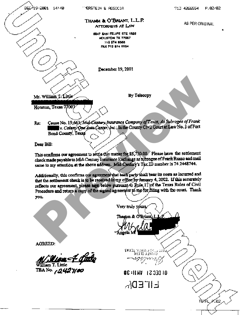 Texas Settlement Agreement Us Legal Forms 9552