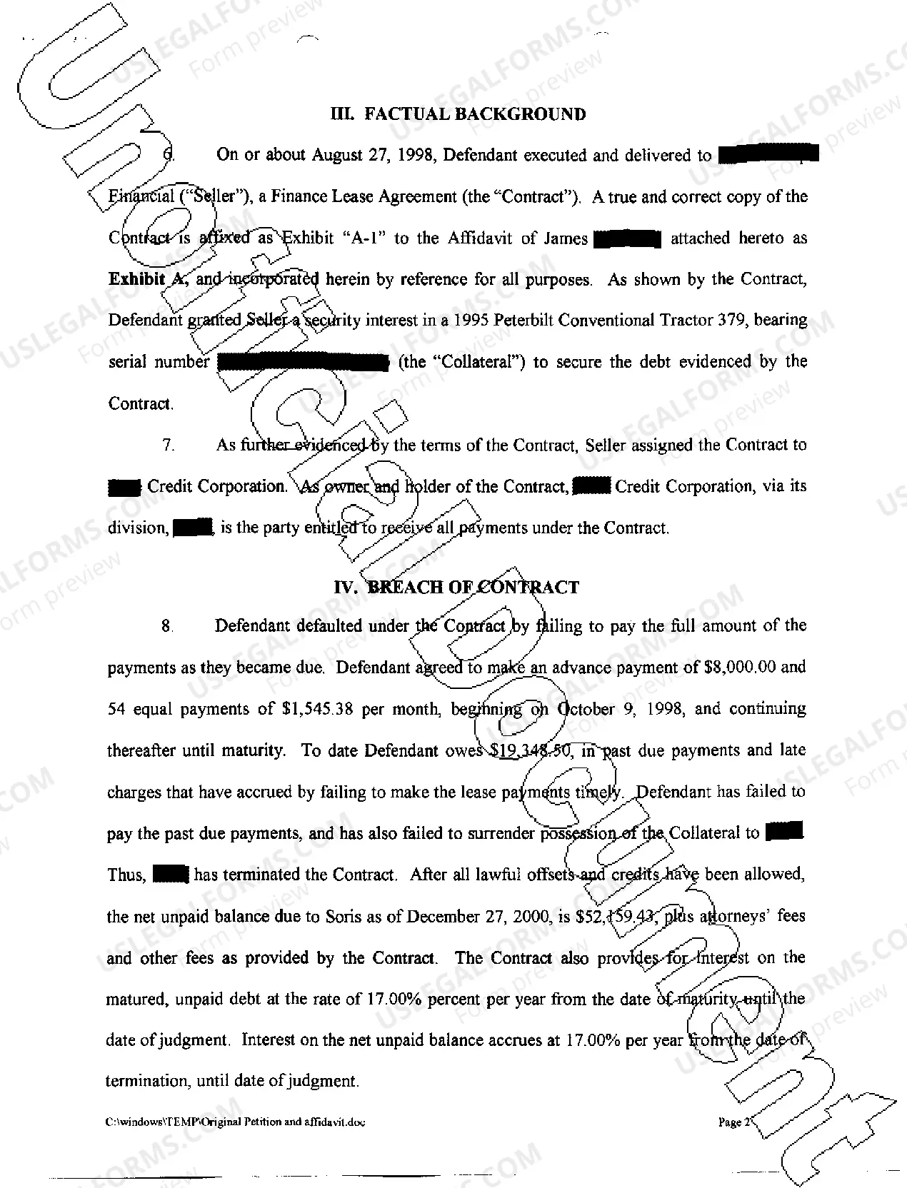 Preview A01 Plaintiffs Original Petition regarding finance lease agreement for tractor